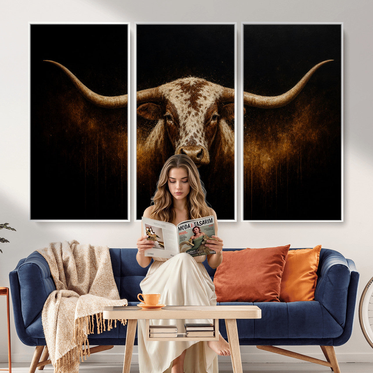 12628958-MGV-CV-36X24 - Texas Longhorn Canvas Wall Art Moody Western Bull Oil Painting Print