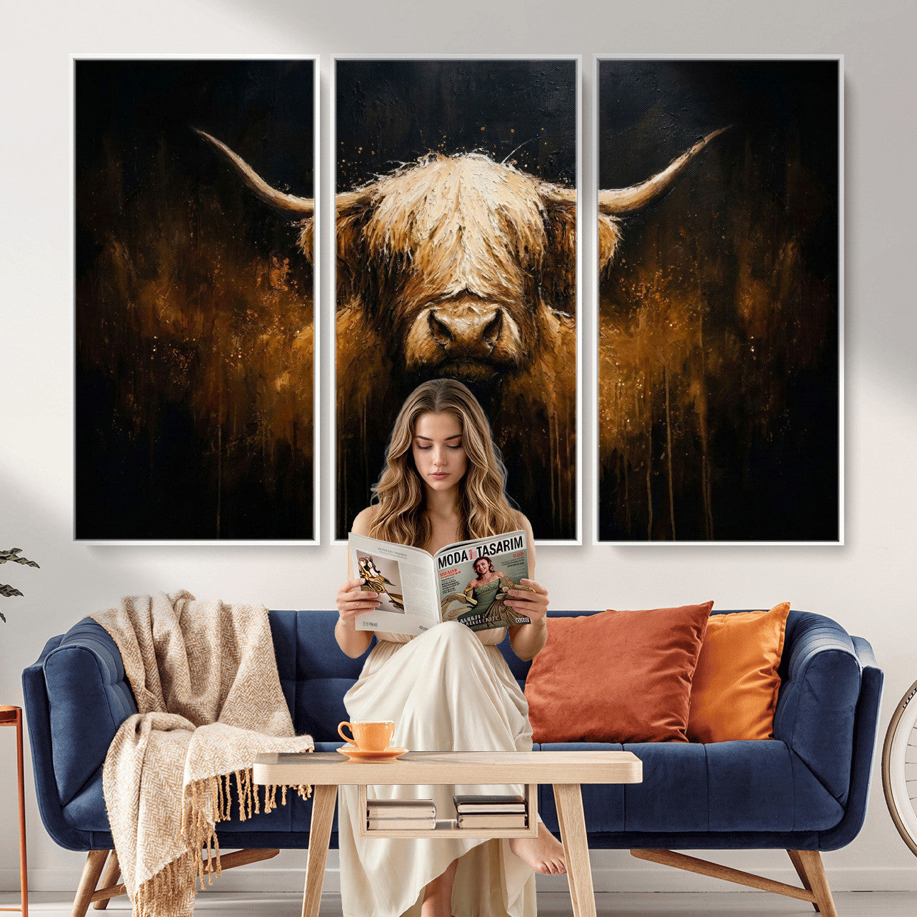 79873059-MGV-CV-36X24 - Rustic Highland Cow Canvas Print Dark Farmhouse Cattle Wall Decor