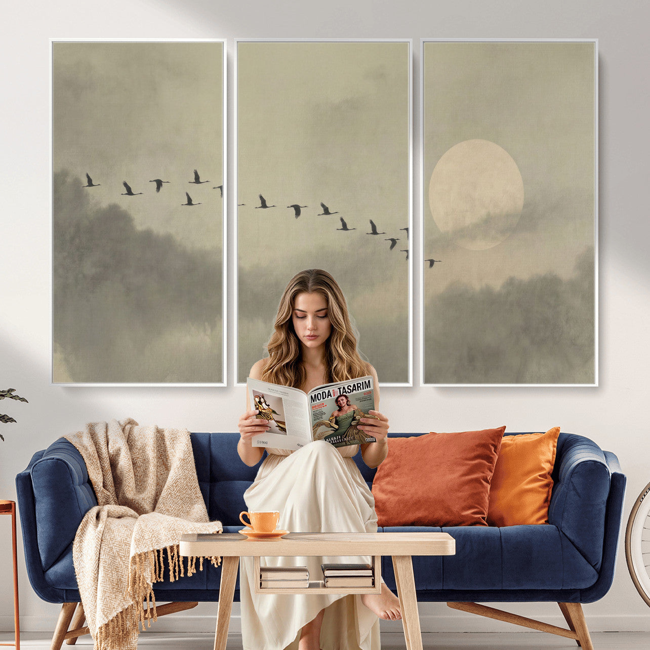 12098149-MGV-CV-36X24 - Flock of Birds Flying to Full Moon Wall Art Canvas Print - Vintage Surreal Clouds Painting