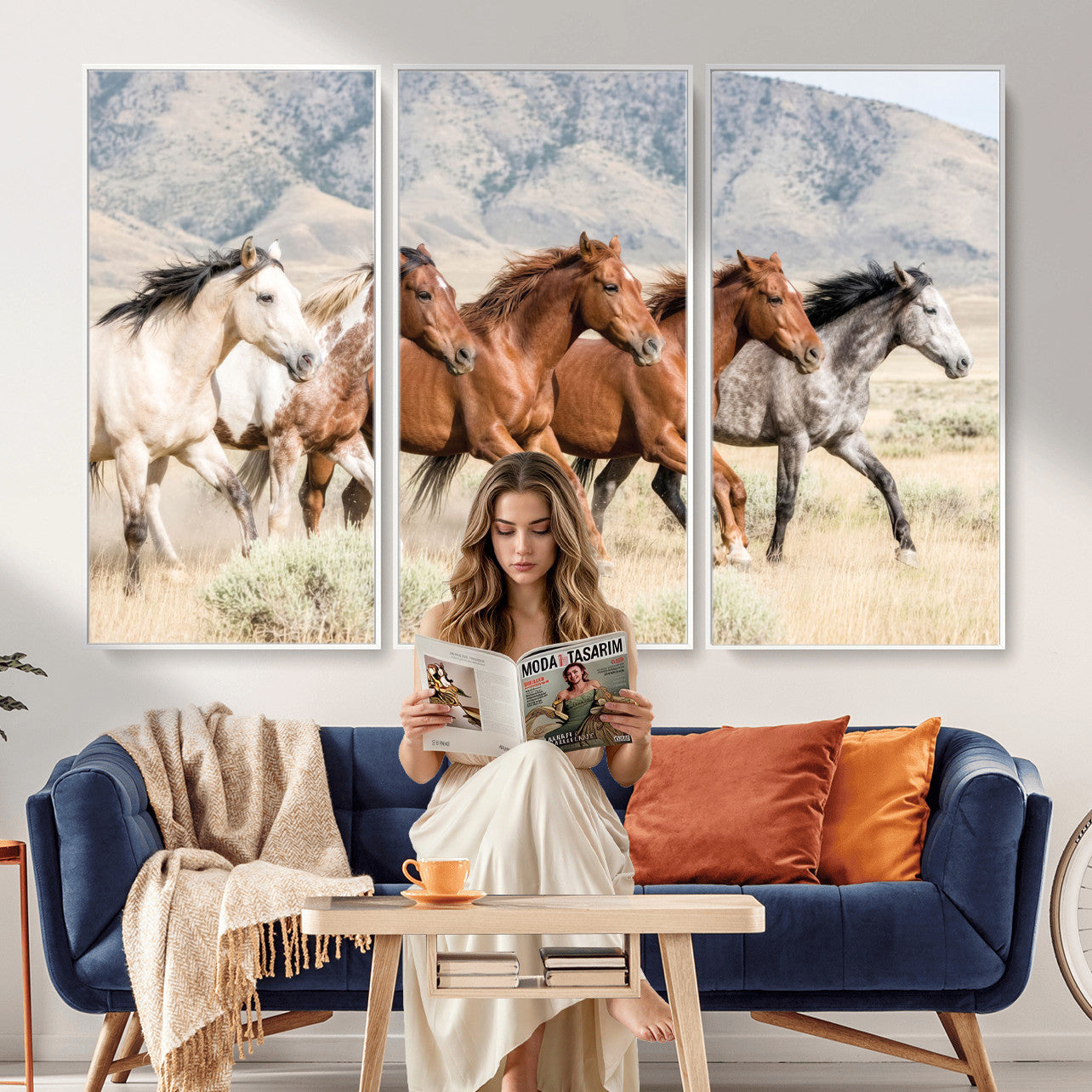 68345893-MGV-CV-36X24 - Five Mustangs Running Wild in Mountain Valley Wall Art Canvas Print - Rustic Western Decor