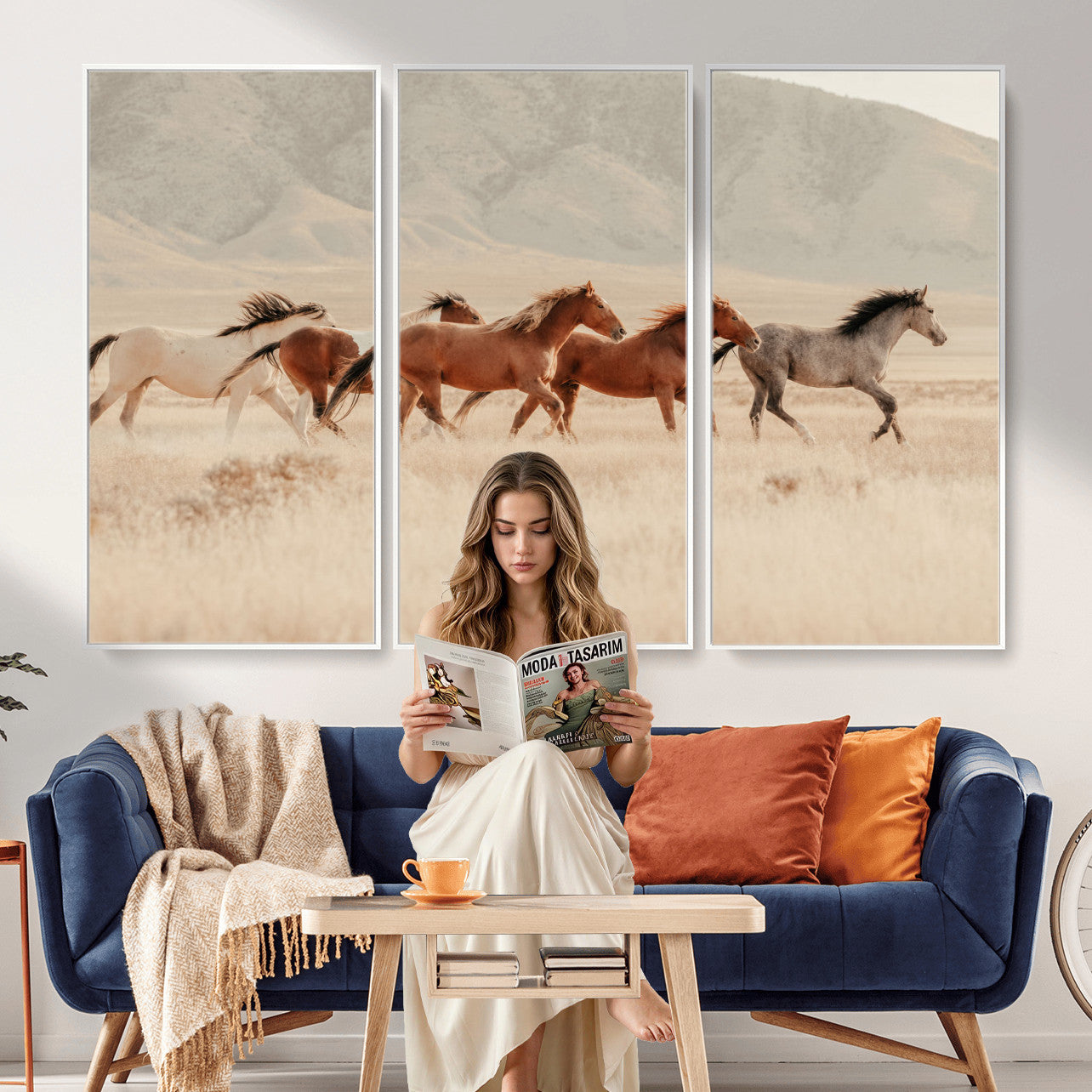 43348446-MGV-CV-36X24 - Herd of Wild Horses Running in Desert Mountain Wall Art Canvas Print - Boho Western Landscape