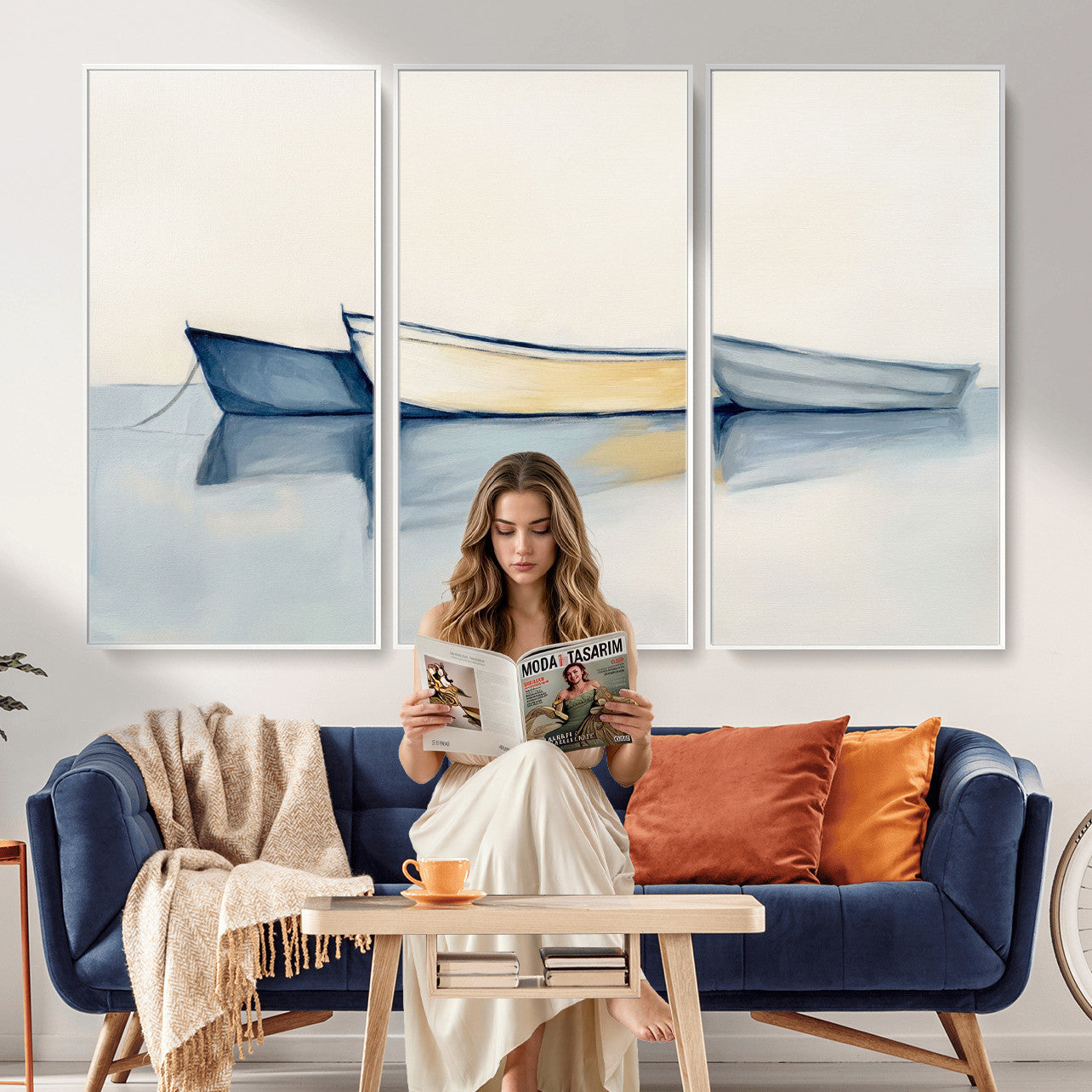 84017361-MGV-CV-36X24 - Abstract Three Boats Reflecting on Water Wall Art Canvas Print - Minimalist Coastal Seascape