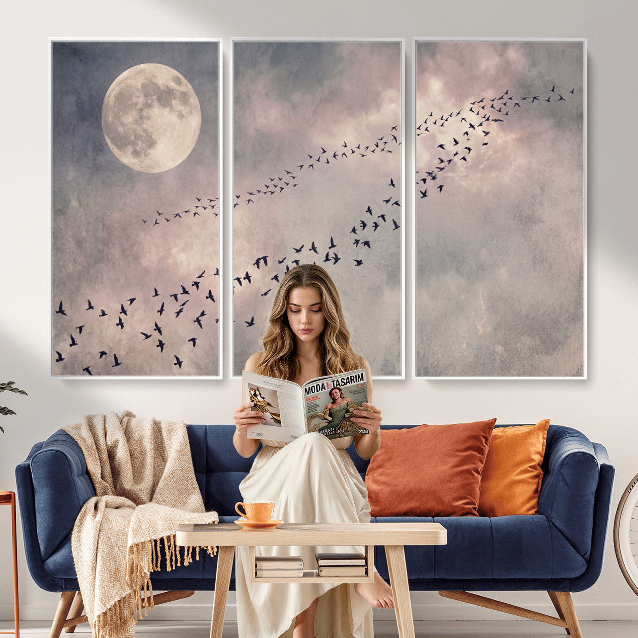 52339590-MGV-CV-36X24 - Birds Flying to Moon Wall Art Canvas Print - Vintage Surreal Night Sky Sky Print