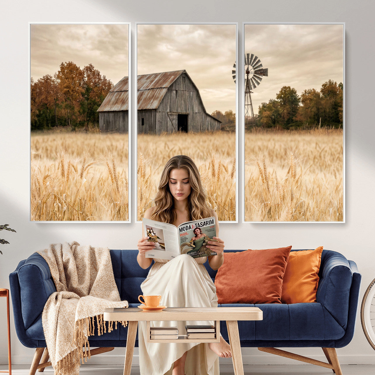 99640659-MGV-CV-36X24 - Rustic Farmhouse Barn and Windmill Wall Art Canvas Print, Country Landscape Photography Print
