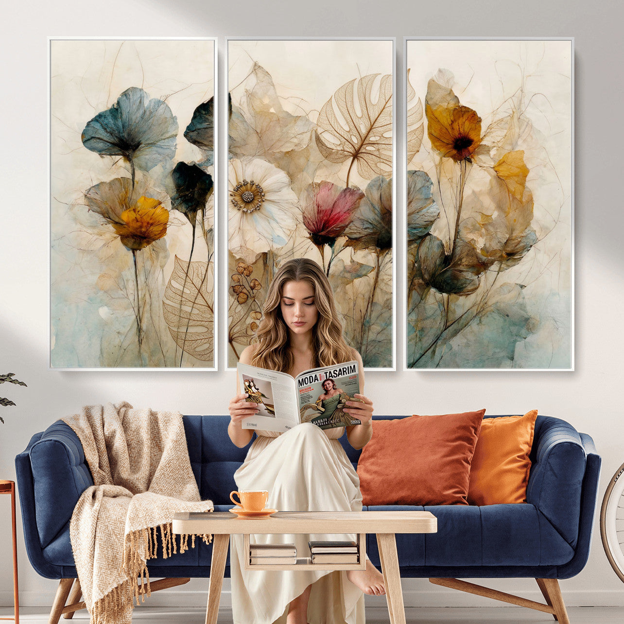 93171612-MGV-CV-36X24 - Vintage Dried Floral Meadow Wall Art Canvas Print, Translucent Watercolor Flowers Painting Print