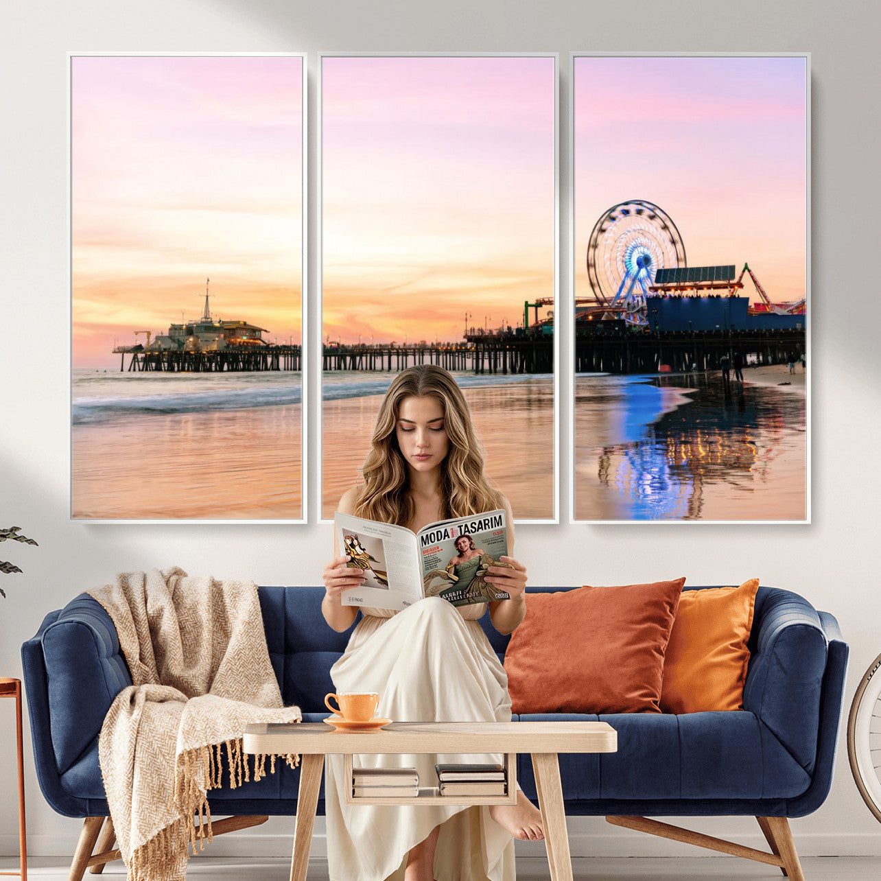 27381272-MGV-CV-36X24 - Santa Monica Pier Sunset Beach Wall Art Canvas Print, California Ferris Wheel Photo Print