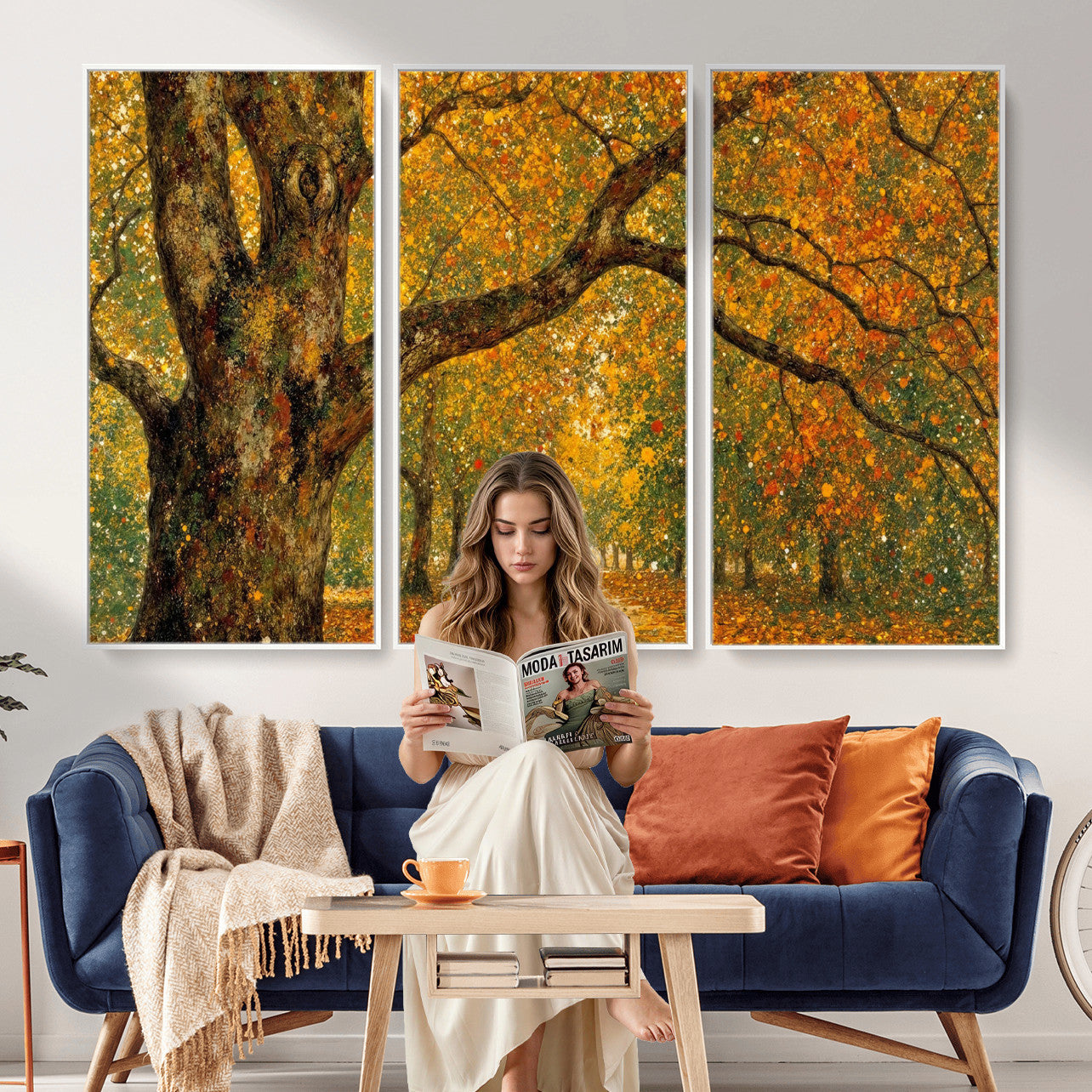 11536138-MGV-CV-36X24 - Vintage Autumn Forest Path Wall Art Canvas Print, Golden Leaves Impressionist Painting Print