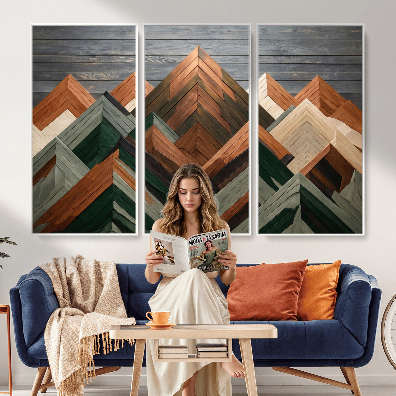 84617347-MGV-CV-36X24 - Geometric Wood Mountain Wall Art Canvas Print, 3D Look Rustic Mosaic Landscape Print