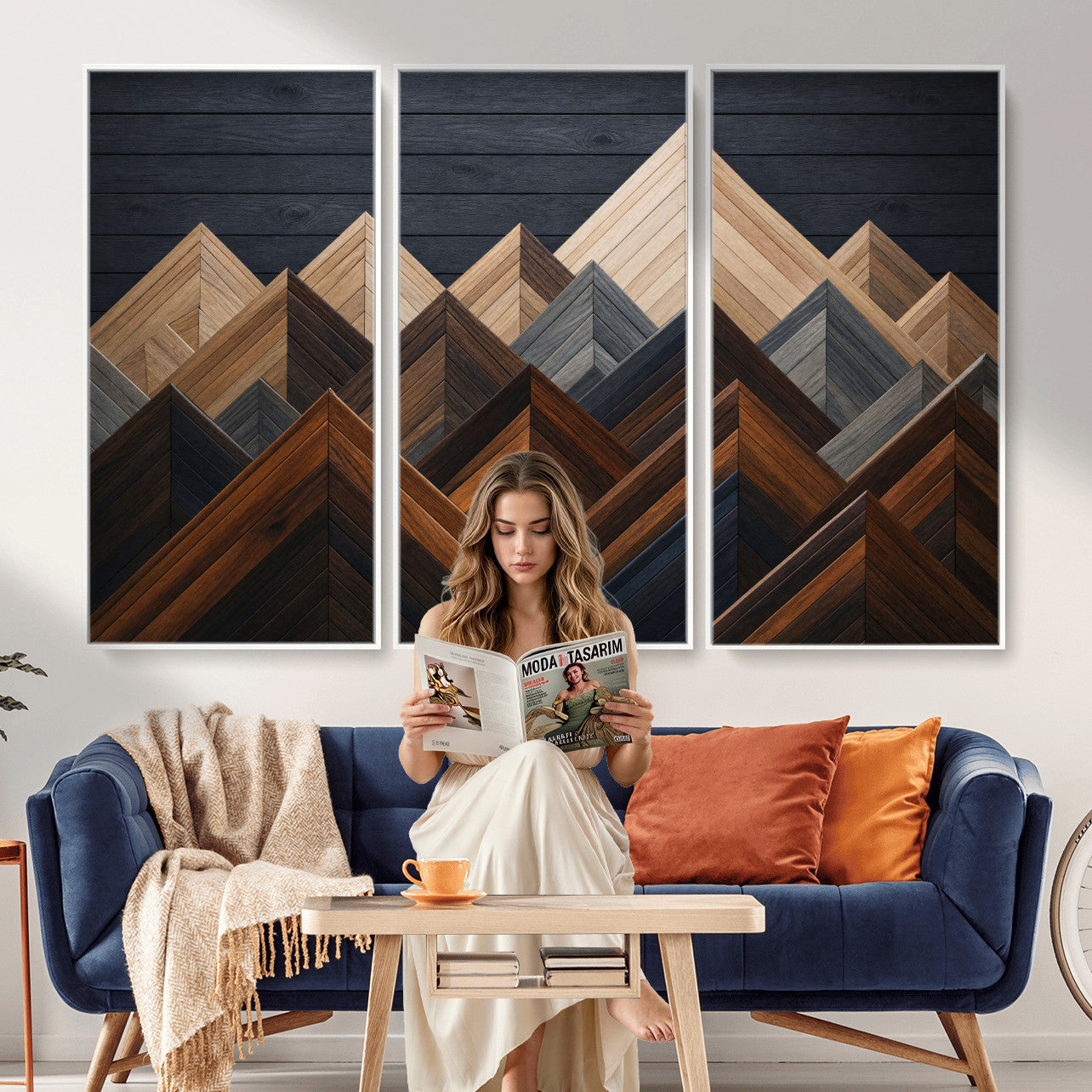 70531117-MGV-CV-36X24 - Geometric Wood Mountain Wall Art Canvas Print, 3D Look Rustic Mosaic Landscape Print