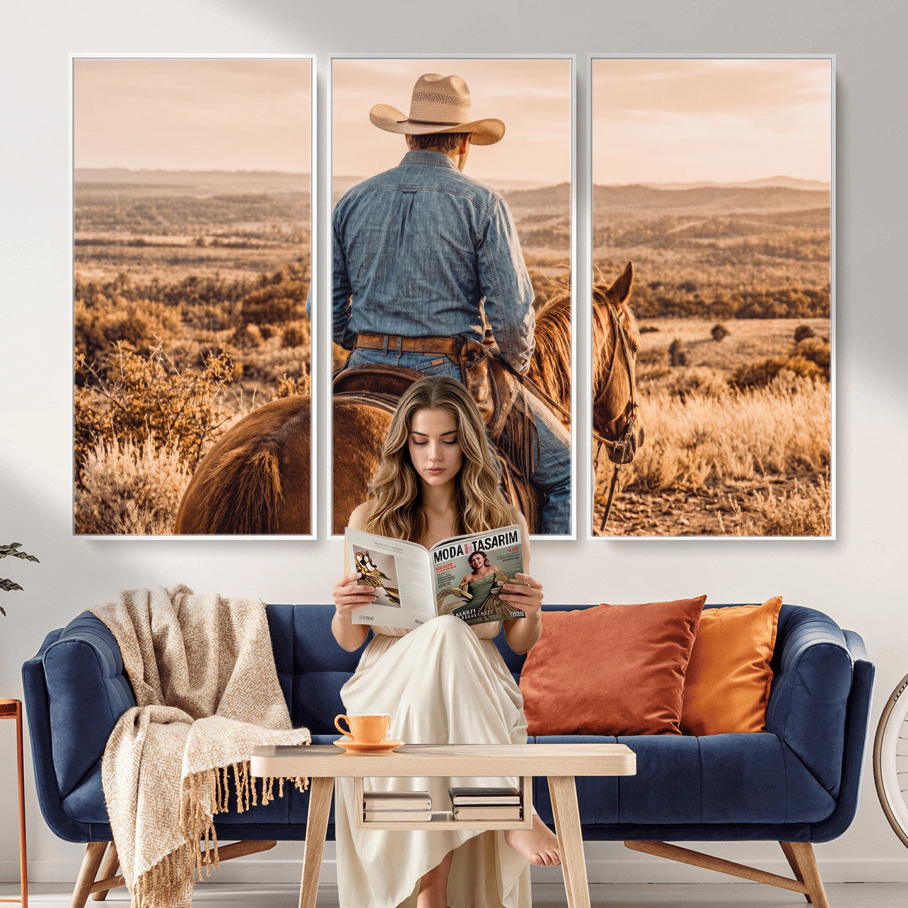 62076449-MGV-CV-36X24 - Texas Cowboy and Horse Print for Western Wall Art Decor for Farmhouse