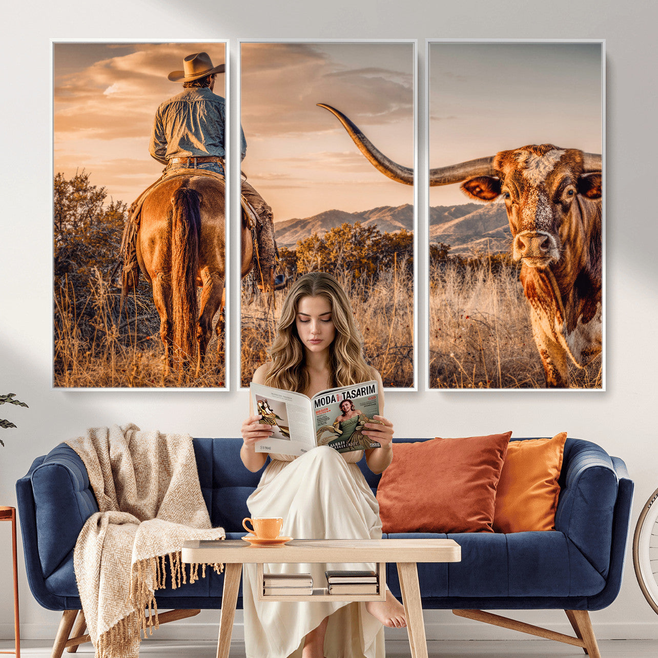 62076449C-MGV-CV-36X24 - Texas Cowboy and Longhorn Bull Print for Western Wall Art Decor for Farmhouse