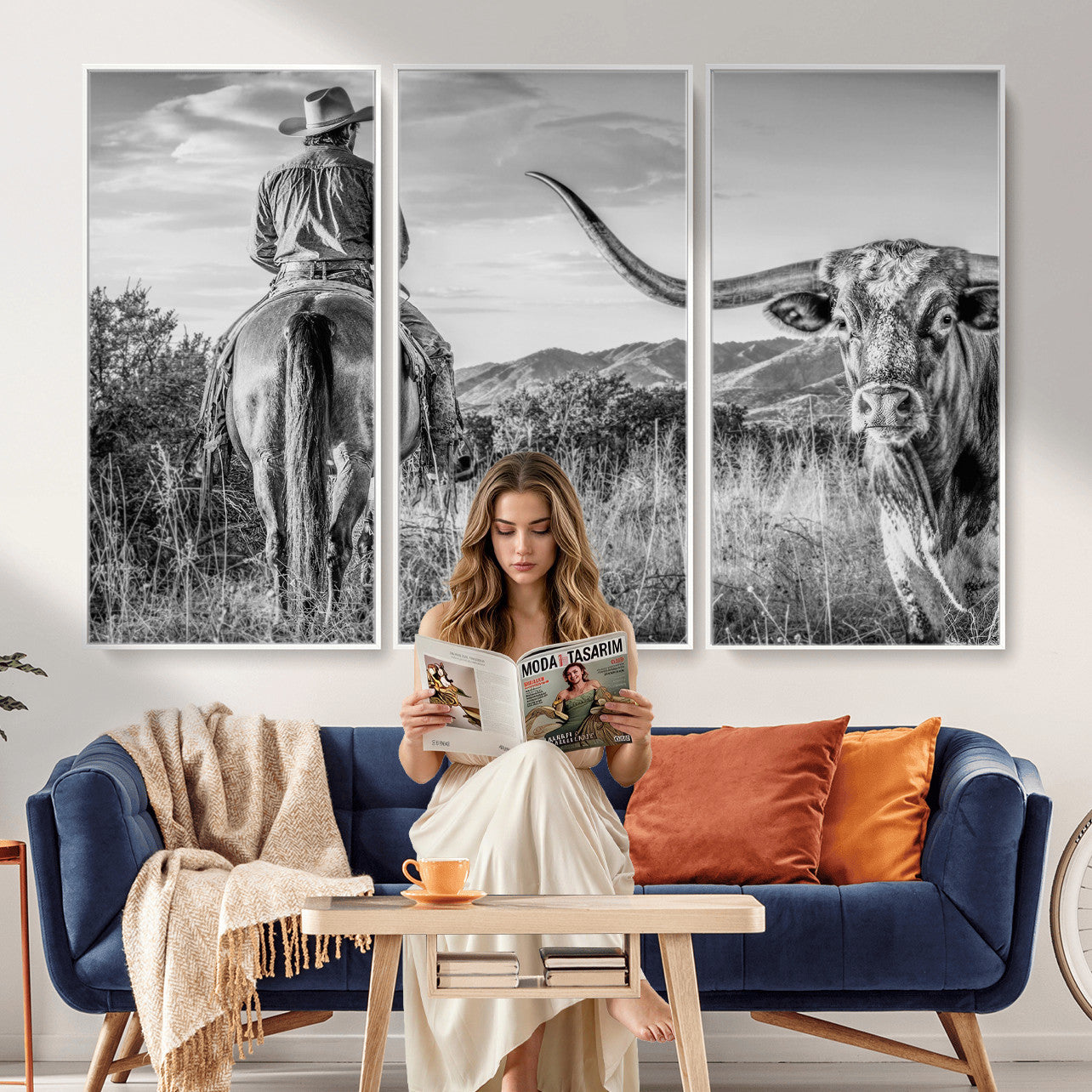 62076449WB-MGV-CV-36X24 - Texas Cowboy and Longhorn Bull Print for Western Wall Art Decor for Farmhouse