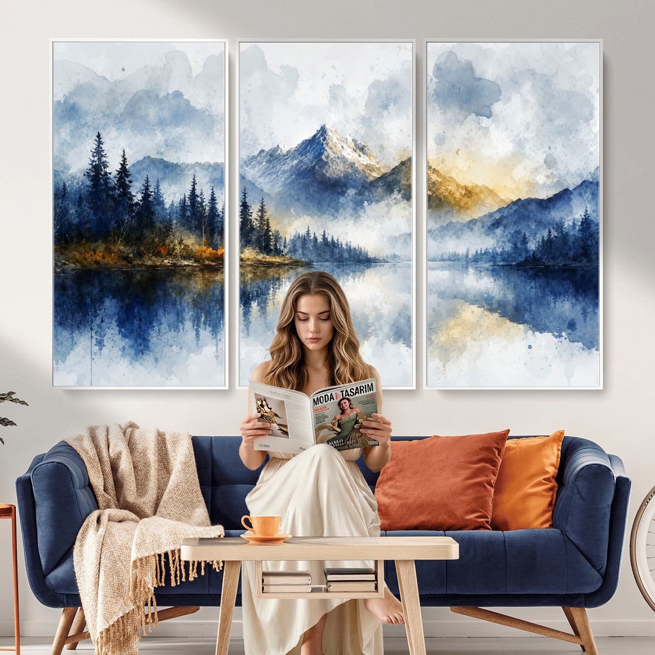 62076449DG-MGV-CV-36X24 - Abstract Watercolor Mountain Lake Wall Art Print for Living Room Decor