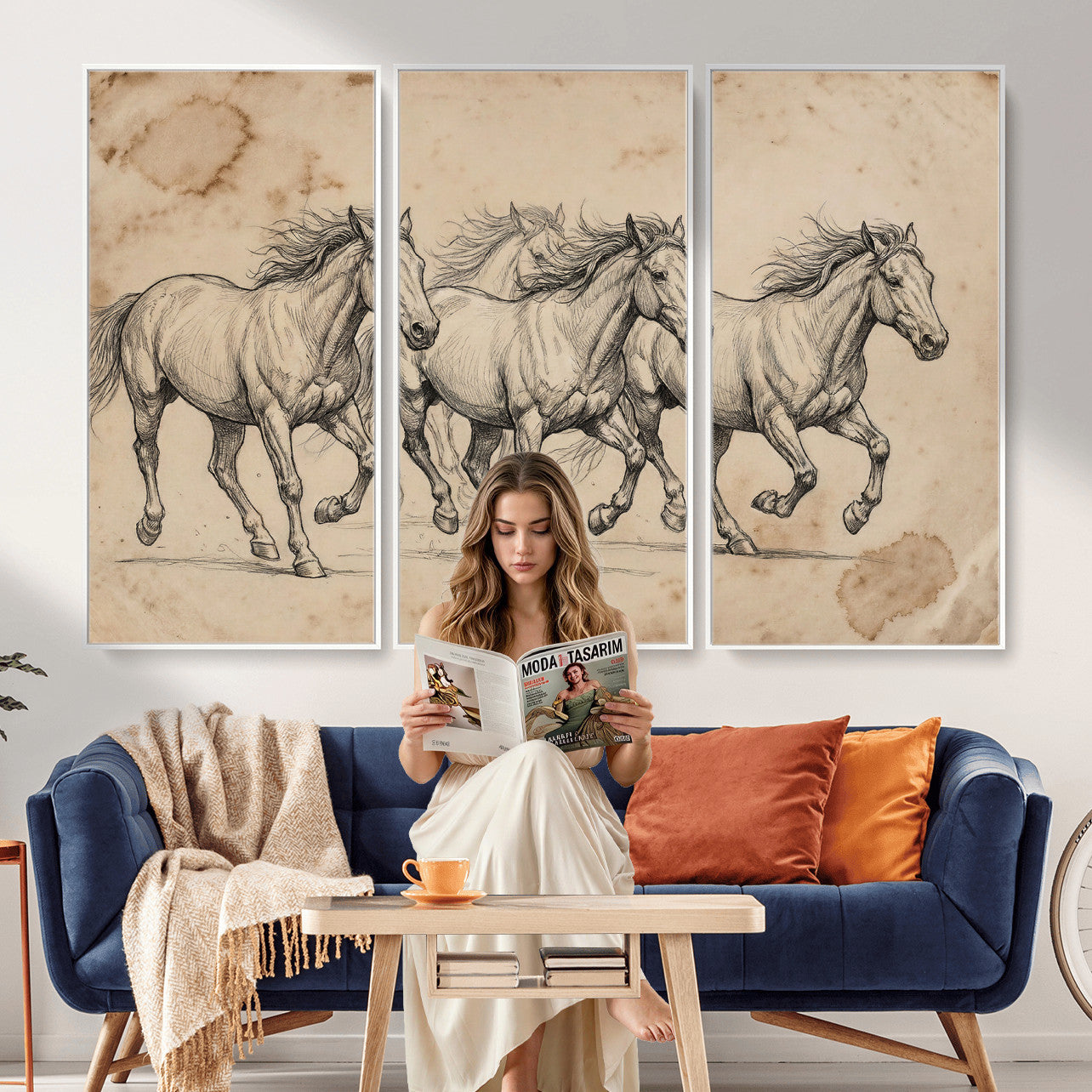 56046981-MGV-CV-36X24 - Sepia Wild Horses Canvas Art, Antique Pencil Drawing Print, Vintage Gallery Wall Decor, Rustic Equestrian Artwork, Traditional Den Gift