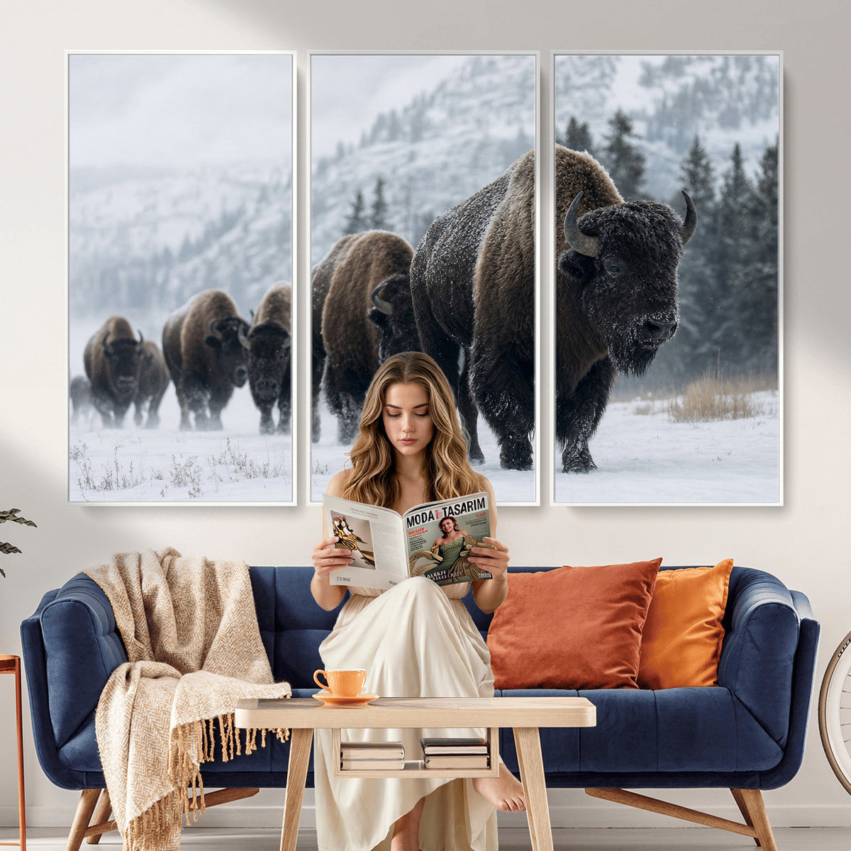 18343289-MGV-CV-36X24 - Rustic Bison Wall Art, American Buffalo Photo Print, Wildlife Canvas Artwork, Snowy Mountain Decor, Large Nature Poster, Cabin Gift Idea