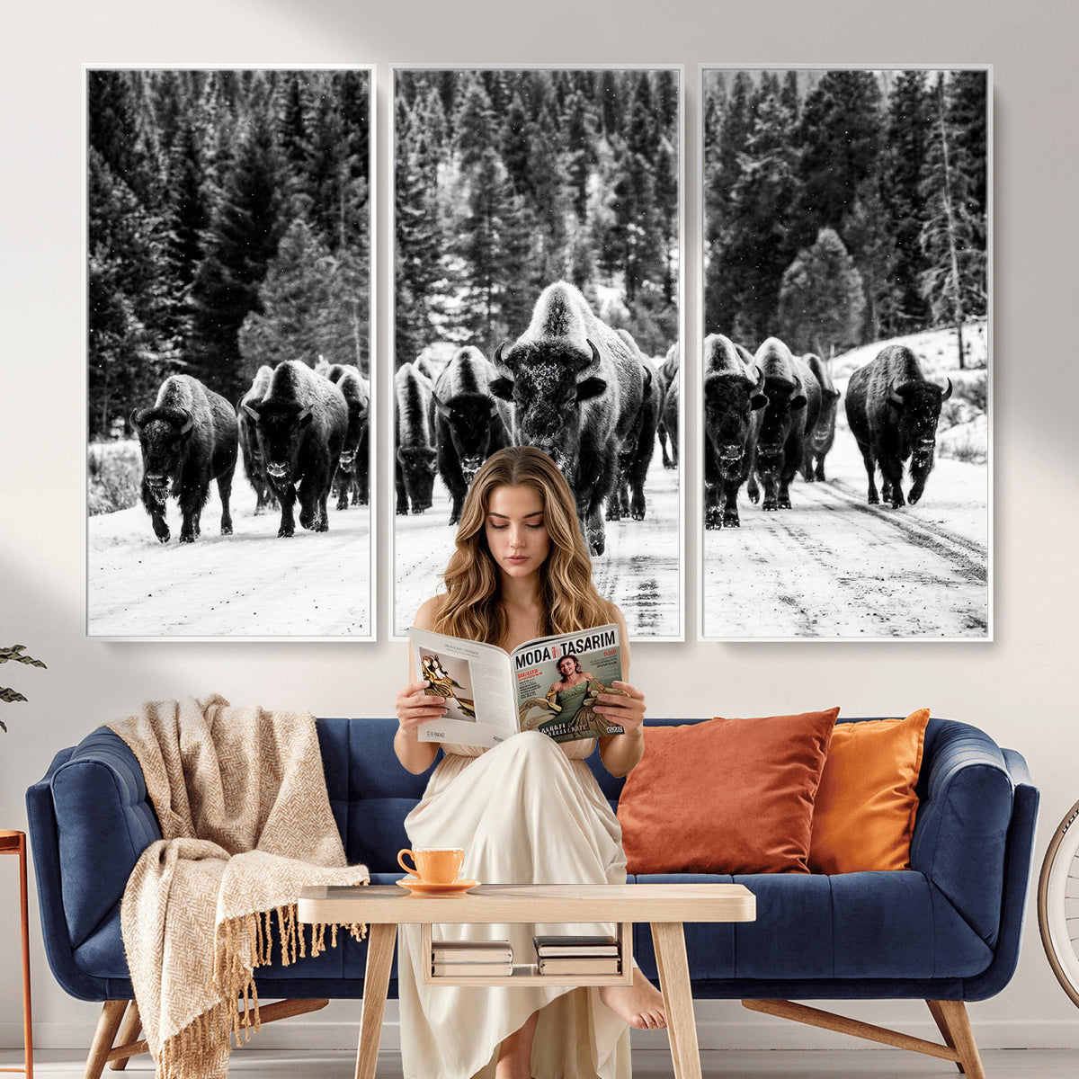 79337077-MGV-CV-36X24 - Black and White Bison Canvas Art, American Buffalo Print, Winter Wildlife Photography, Rustic Forest Wall Decor, Large Statement Nature Gift
