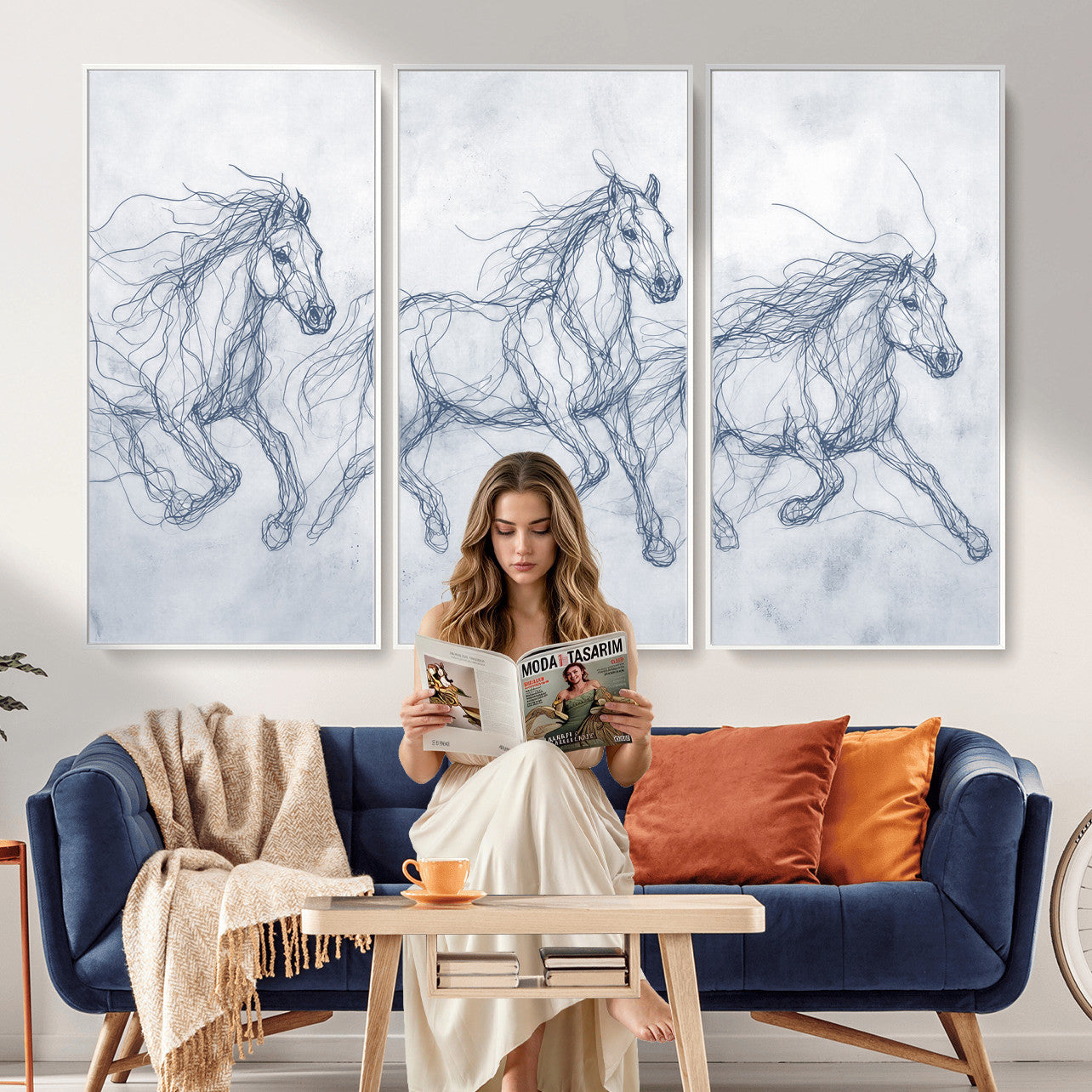 41163601-MGV-CV-36X24 - Indigo Blue Horse Line Art Canvas, Steel Grey Wild Horses Print, Abstract Navy Scribble Artwork, Modern Slate Equine Wall Decor, Coastal Ranch Gift