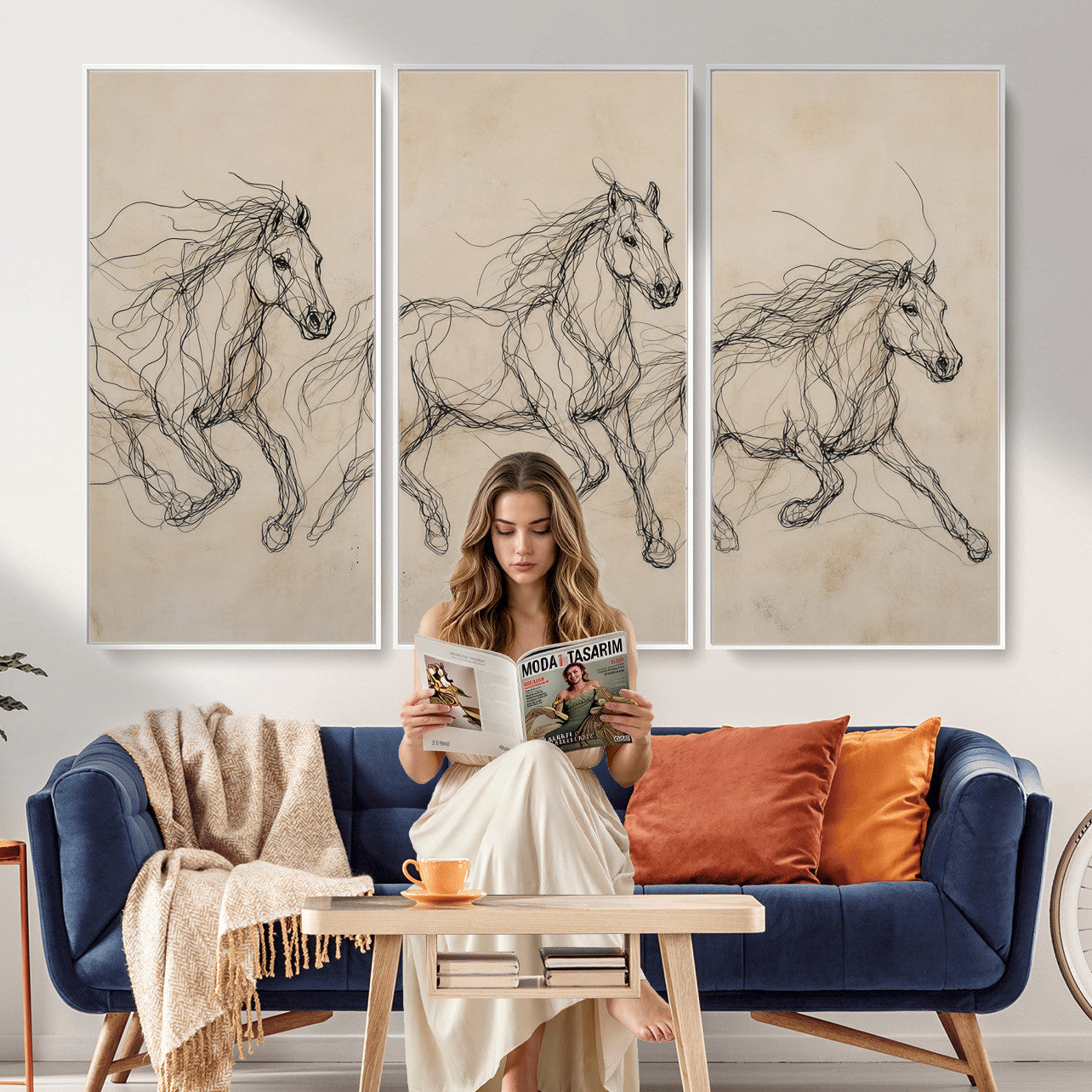 81051673-MGV-CV-36X24 - Abstract Horse Line Art Canvas, Gesture Sketch Wild Horses Print, Modern Scribble Artwork, Minimalist Equine Wall Decor, Rustic Studio Gift