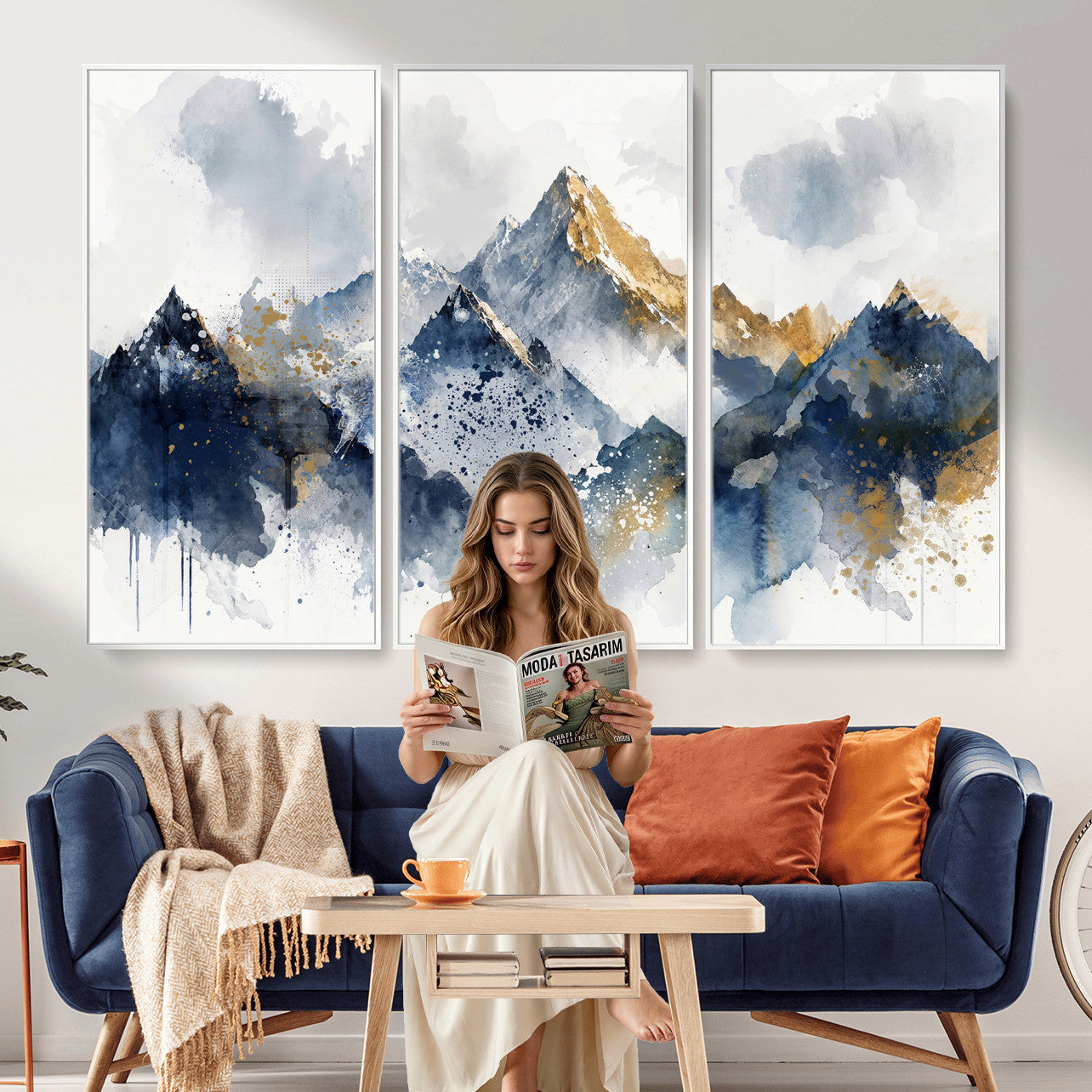 87460616-MGV-CV-36X24 - Abstract Mountain Canvas Wall Art, Blue Gold Foil Landscape Print, Modern Indigo Watercolor Poster, Large Abstract Nature, Luxury Office Gift