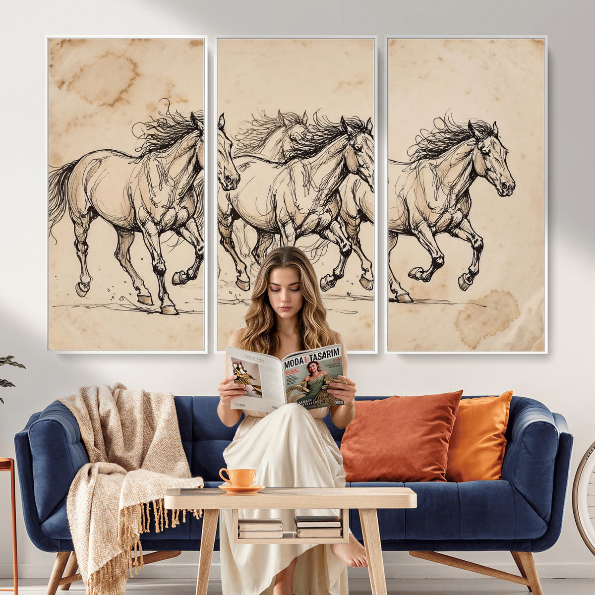 18242163-MGV-CV-36X24 - Vintage Horse Sketch Canvas Wall Art, Wild Horses Pencil Drawing Print, Antique Parchment Western Decor, Equine Sketching, Country Manor Gift