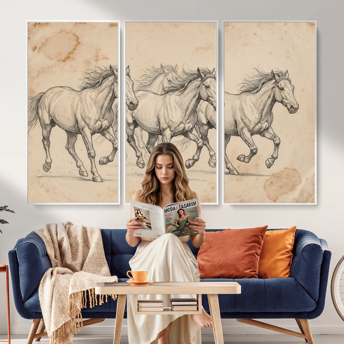 16644391-MGV-CV-36X24 - Vintage Horse Sketch Canvas Wall Art, Wild Horses Pencil Drawing Print, Antique Parchment Western Decor, Equine Sketching, Country Manor Gift