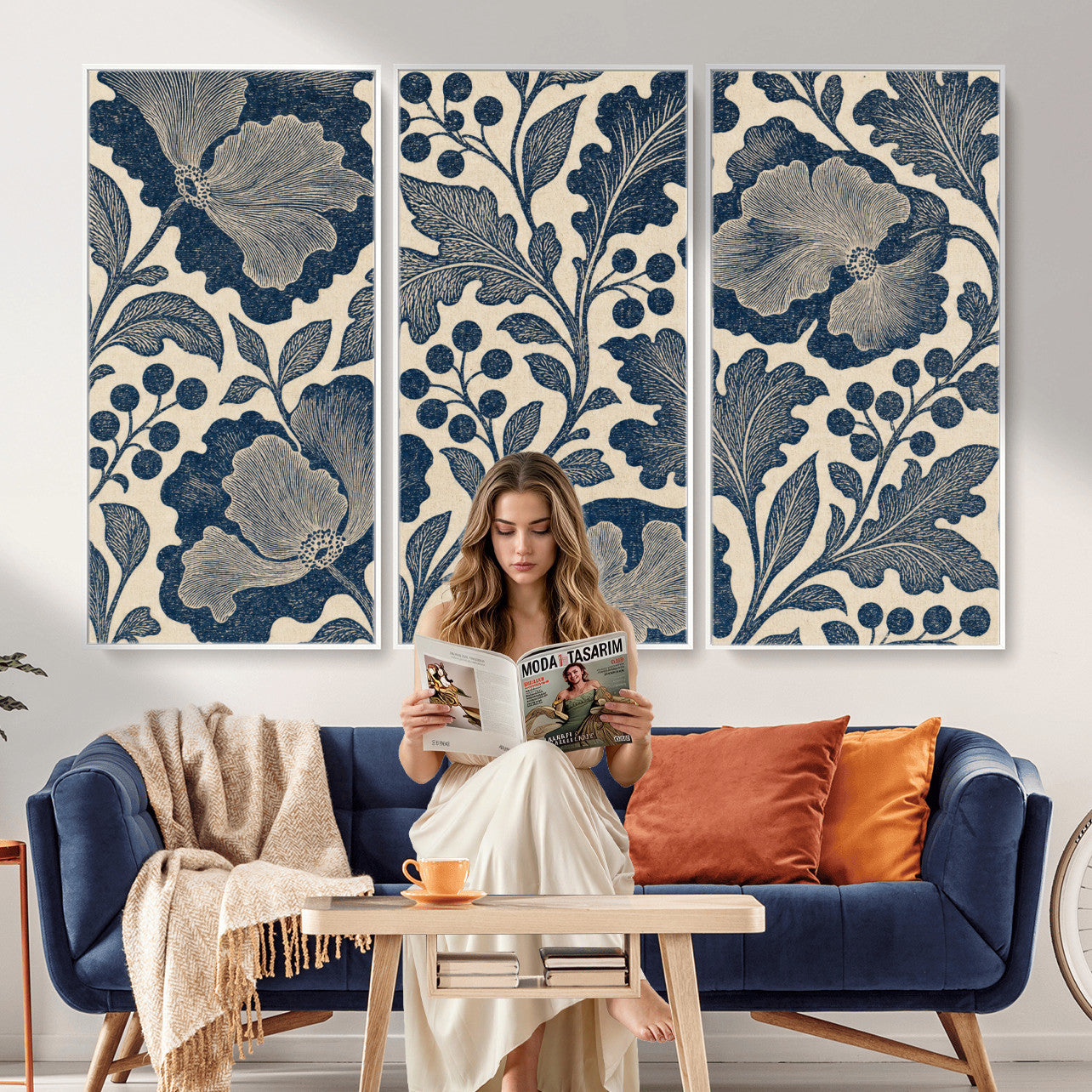 23824002-MGV-CV-36X24 - William Morris Style Navy Blue Floral Wall Art Canvas Print, Vintage Cream Botanical Painting Print