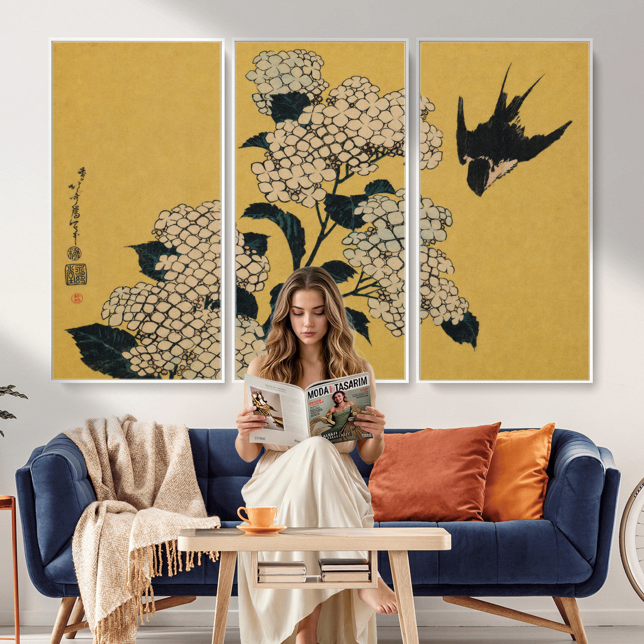 92483501-MGV-CV-36X24 - Katsushika Hokusai Hydrangea and Swallow Wall Art Canvas Print, Japanese Woodblock Painting Print