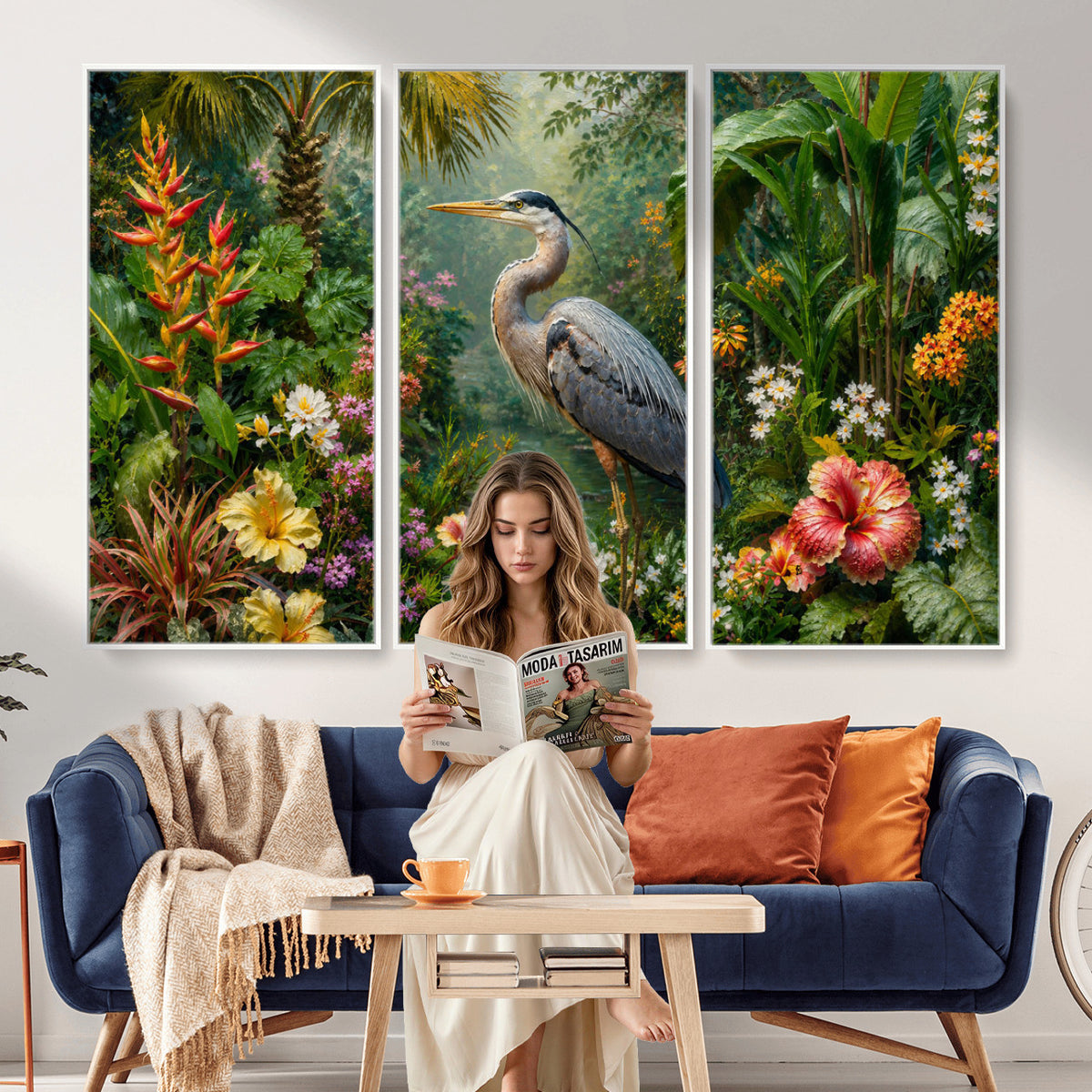 81059387-MGV-CV-36X24 - Great Blue Heron Tropical Jungle Wall Art Canvas Print, Exotic Botanical Garden Painting Print