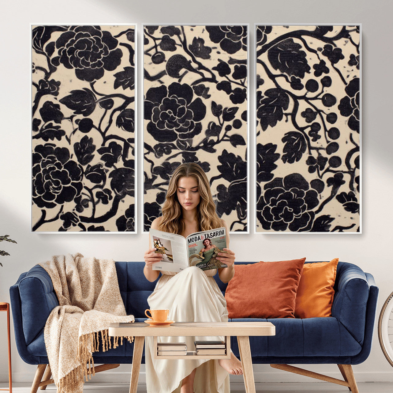 86696255-MGV-CV-36X24 - Vintage Black and Cream Floral Wall Art Canvas Print, Chinoiserie Botanical Painting Print