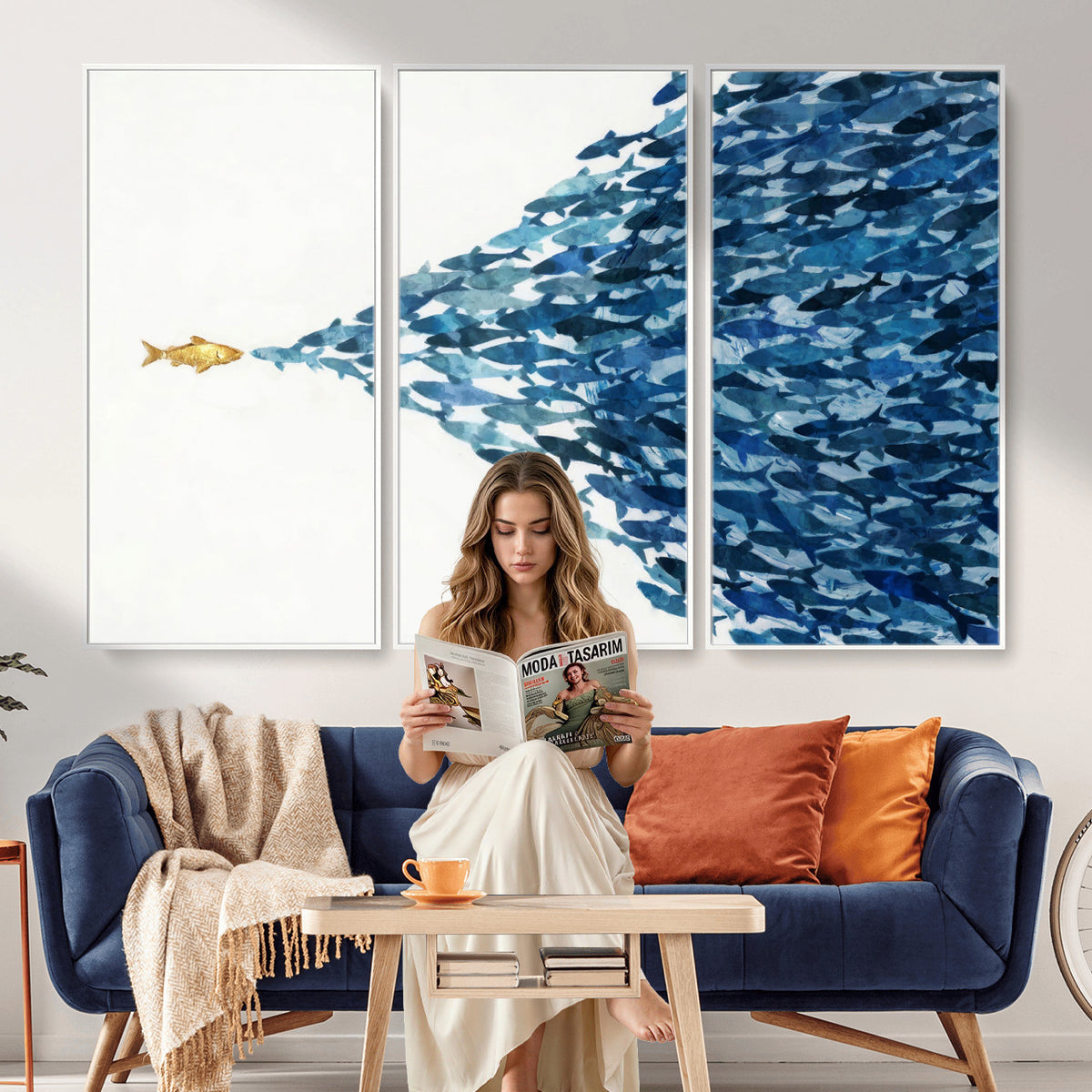 79089639-MGV-CV-36X24 - Abstract Blue Fish School Canvas Wall Art, Gold Foil Accent Marine Print