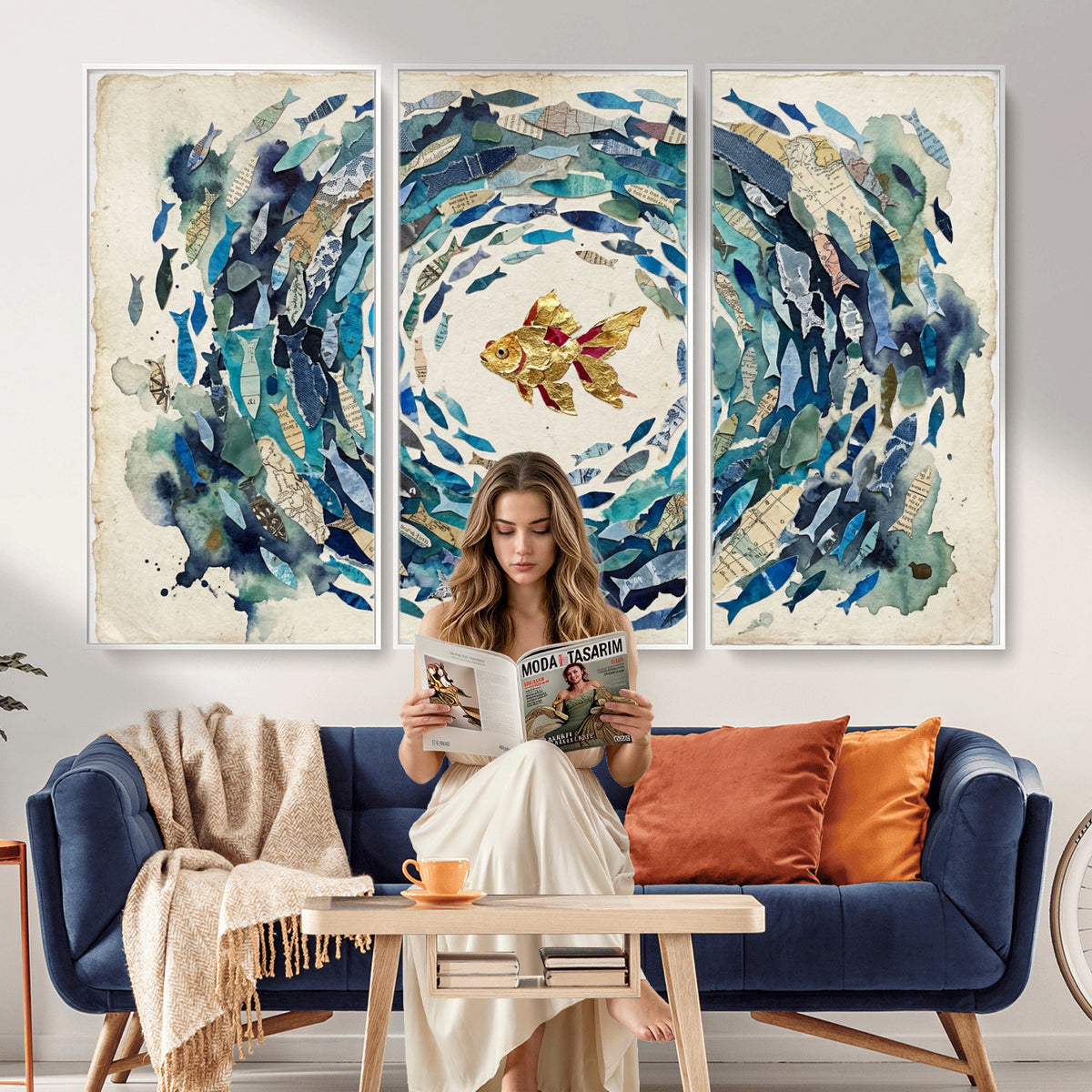 73165663-MGV-CV-36X24 - Mixed Media Blue Fish Swirl Canvas Wall Art, Goldfish Collage Ocean Print
