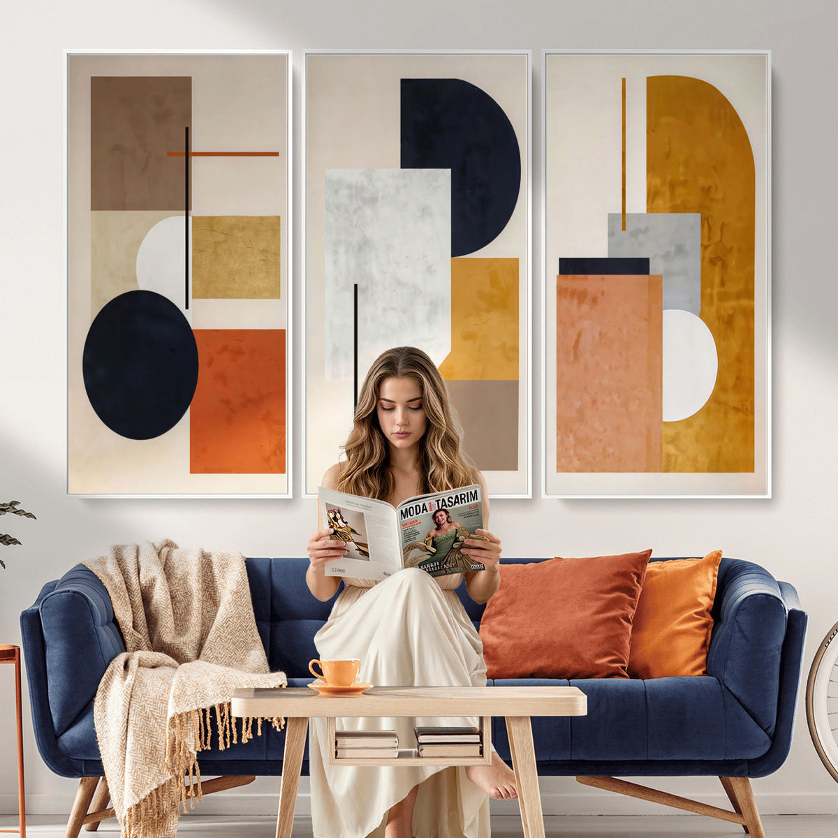 87361249-MGV-CV-48X32-3P - Mid Century Modern Geometric Canvas Wall Art, Abstract Triptych Print