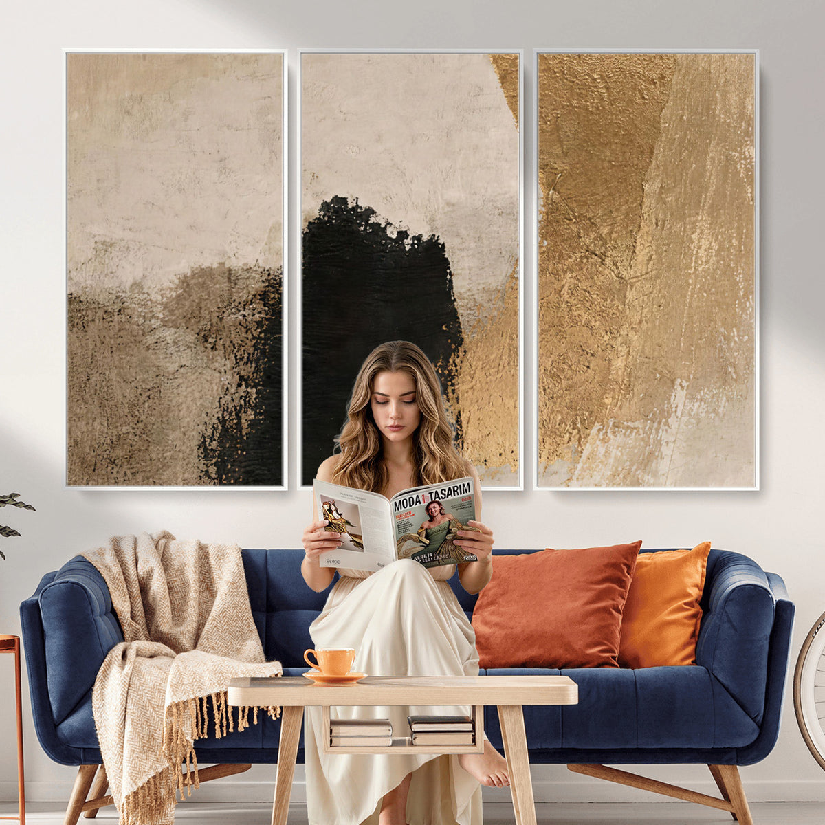 36003778-MGV-CV-48X32-3P - Mid Century Modern Geometric Canvas Wall Art, Abstract Triptych Print