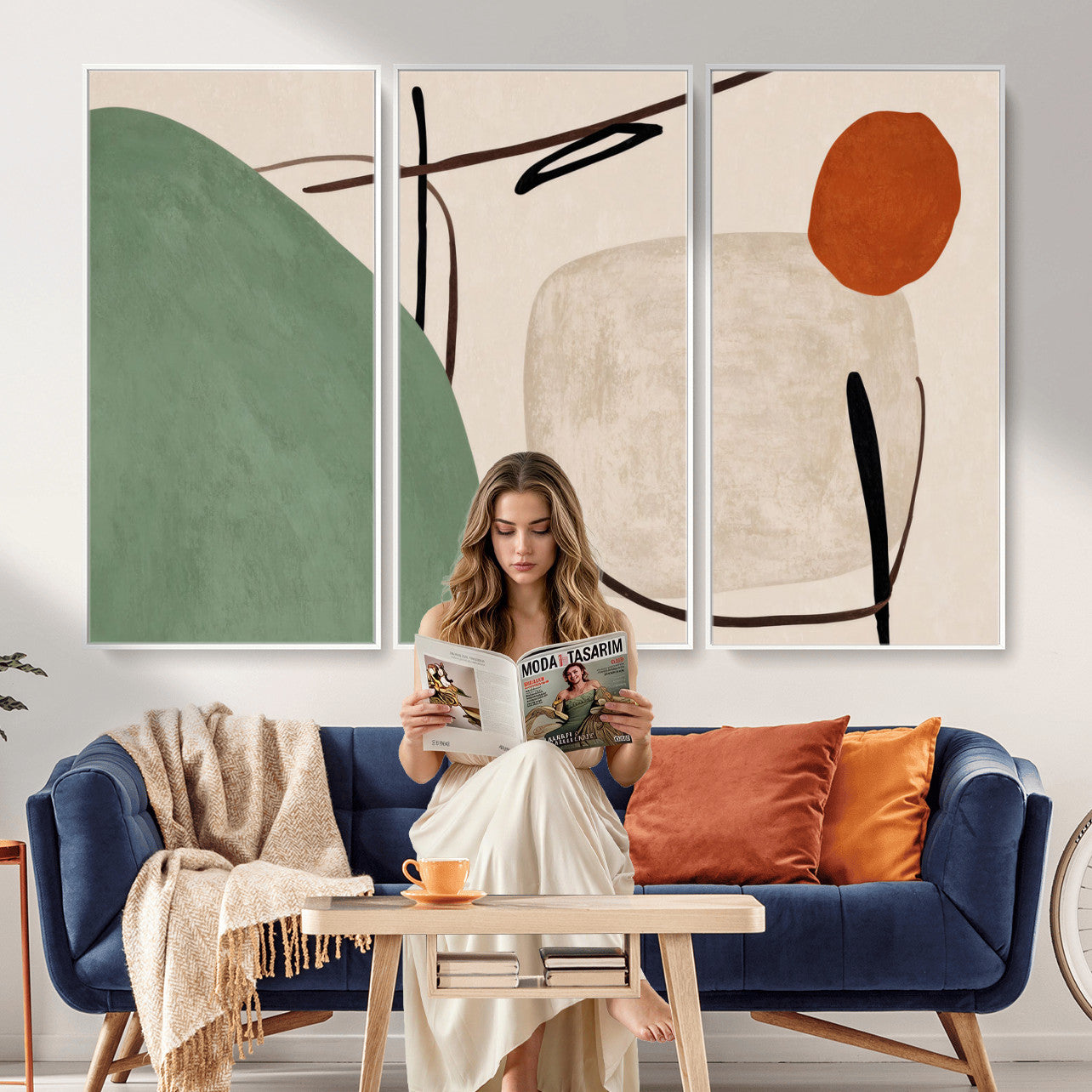 46798824-MGV-CV-48X32-3P - Mid Century Modern Geometric Canvas Wall Art, Abstract Triptych Print