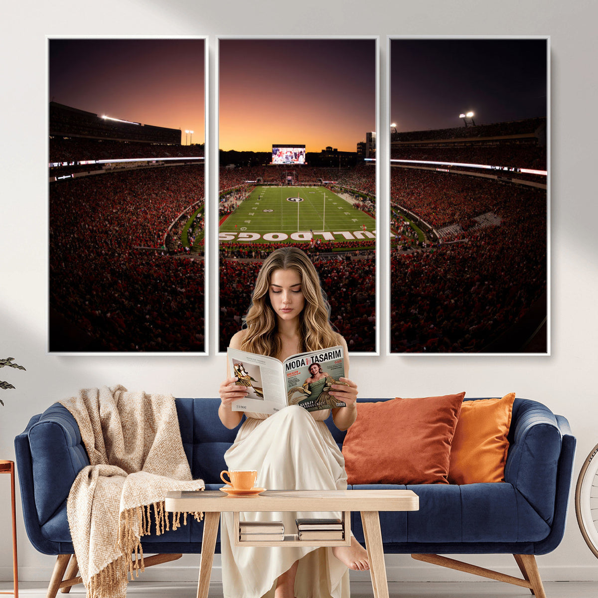 97720998-_Poster-30x20 - Georgia Bulldogs Stadium Sunset Canvas Print 3 Piece Framed Wall Art Extra Large Floating Frame Sports Poster Made in USA
