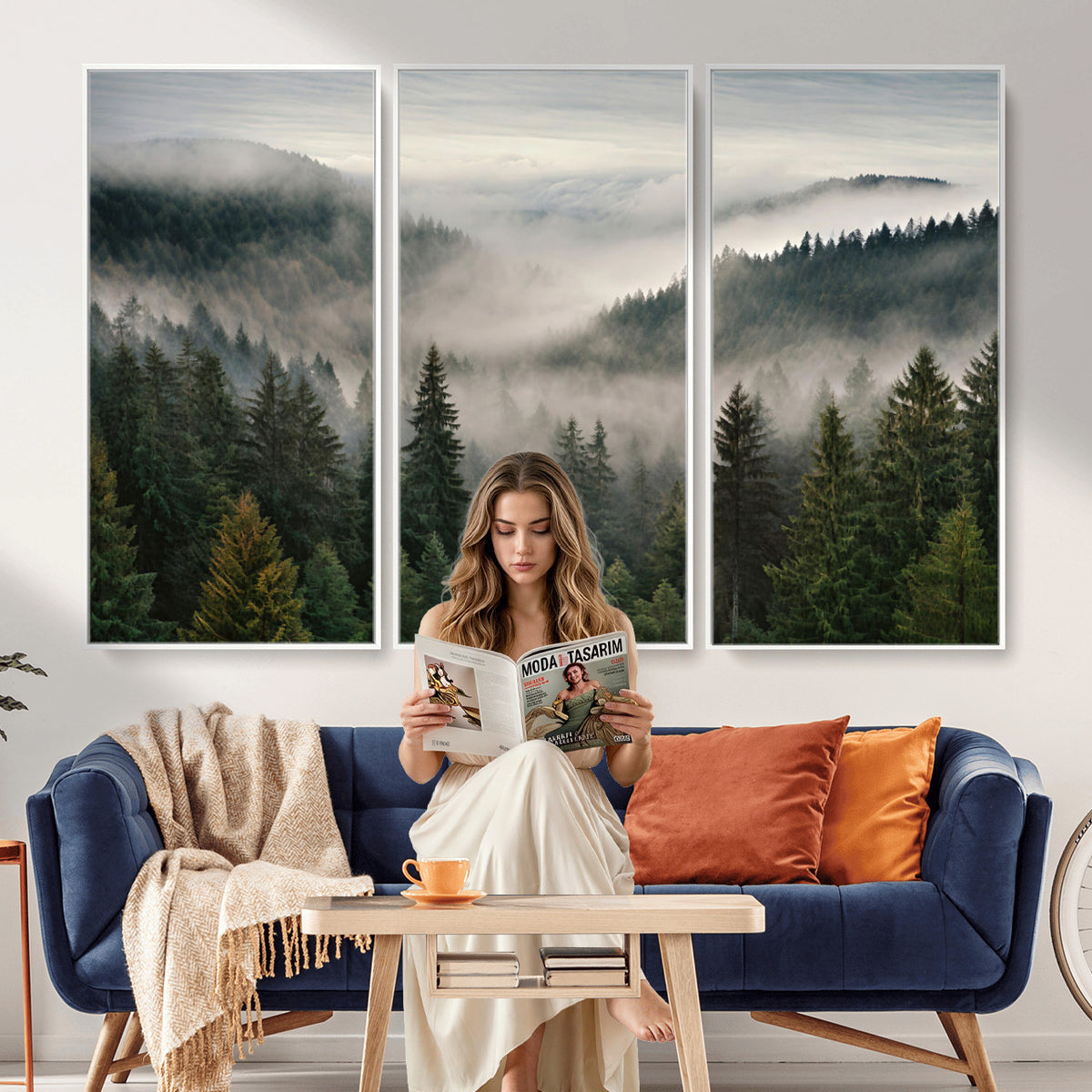 38409495-_Poster-30x20 - Misty Pine Valley Mountain Canvas Print 3 Piece Framed Wall Art Extra Large Floating Frame Nature Poster Made in USA