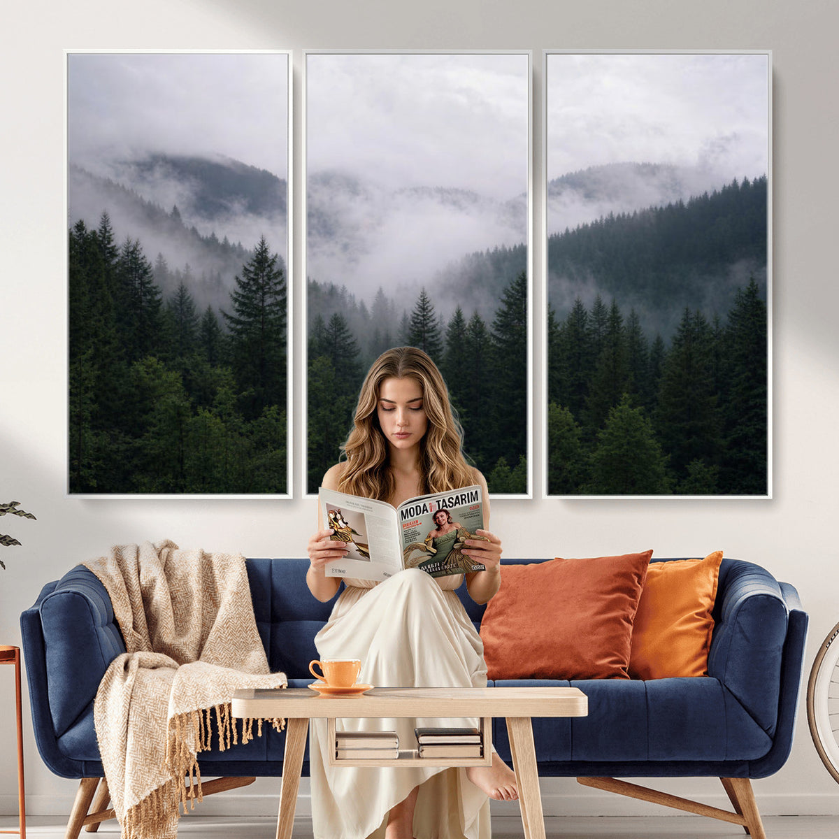 25432119-_Poster-30x20 - Misty Mountain Pine Forest Canvas Print 3 Piece Framed Wall Art Extra Large Floating Frame Nature Poster Made in USA