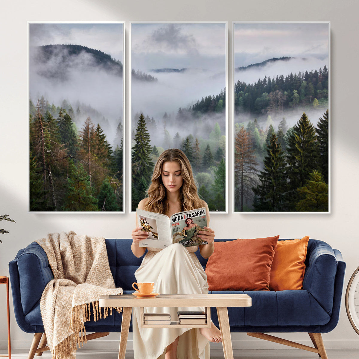 18735847-_Poster-30x20 - Foggy Pine Forest Mountain Canvas Print 3 Piece Framed Wall Art Extra Large Floating Frame Nature Poster Made in USA