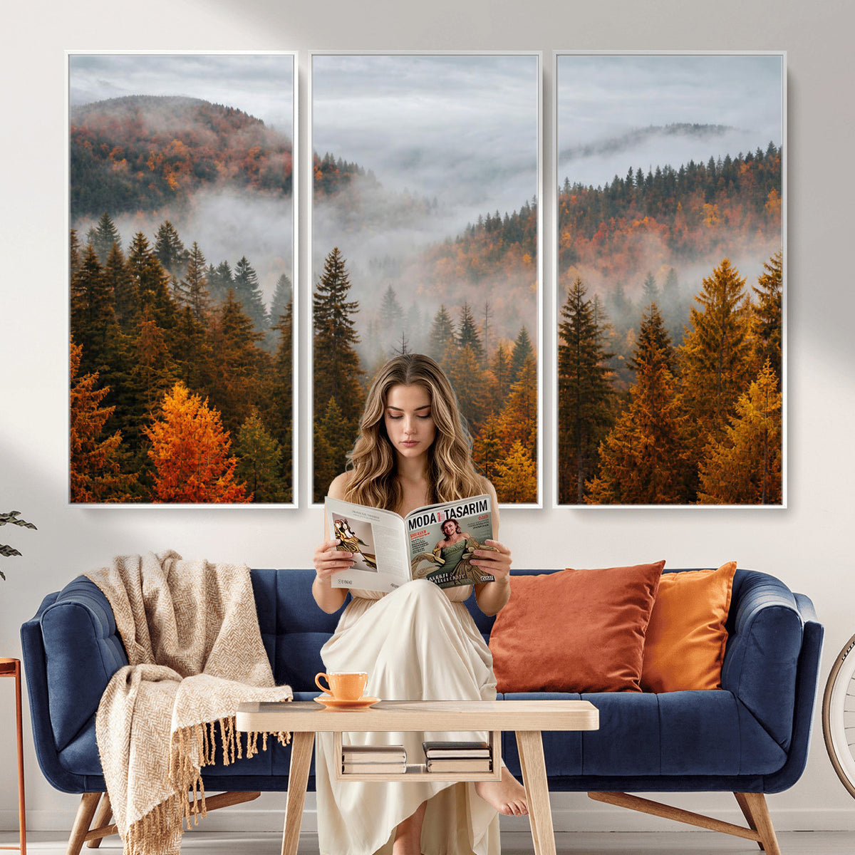 87481341-_Poster-30x20 - Foggy Autumn Mountain Canvas Print Smoky Pine Forest Wall Art Panoramic Nature Poster 3 Piece Made in USA