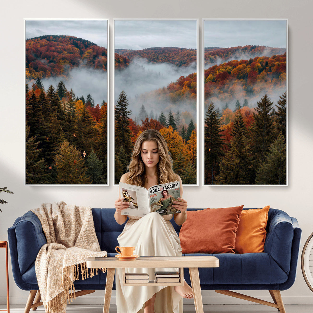 26686263-_Poster-30x20 - Misty Autumn Forest Mountain Canvas Print 3 Panel Wall Art Gallery Wrapped Floating Frame Poster Made in USA