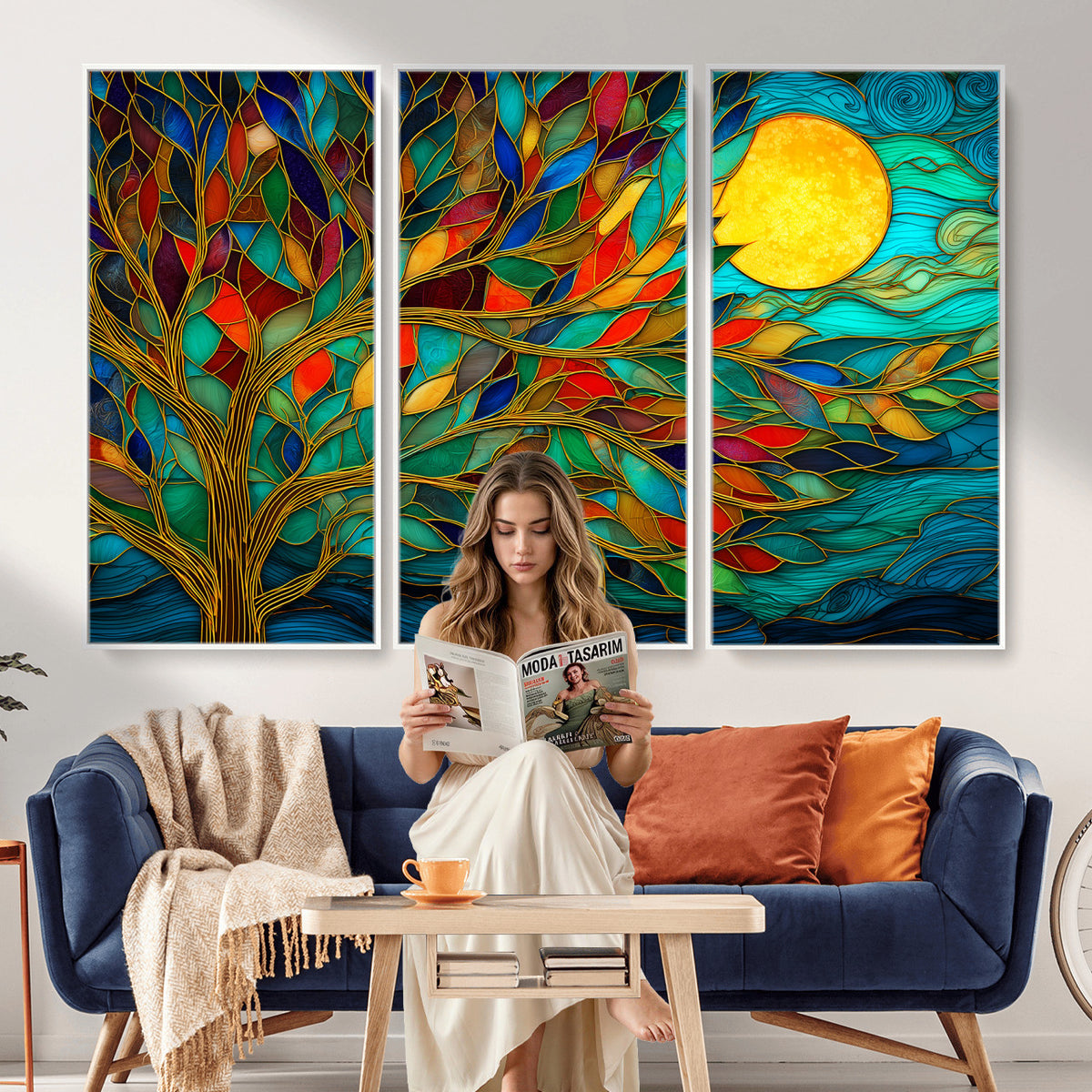 11877152-MGV-CV-36X24 - Stained Glass Tree Of Life Wall Art - Vibrant Mosaic Nature Home Decor