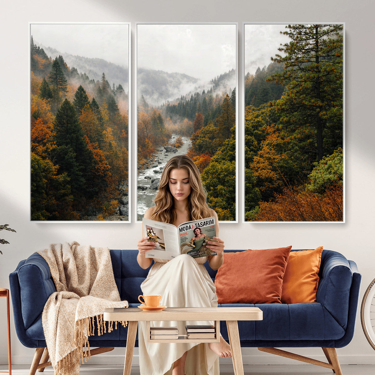 95540697-MGV-TP-30X20 - Misty River Mountain Valley Canvas Wall Art - Autumn Forest Landscape Nature Print