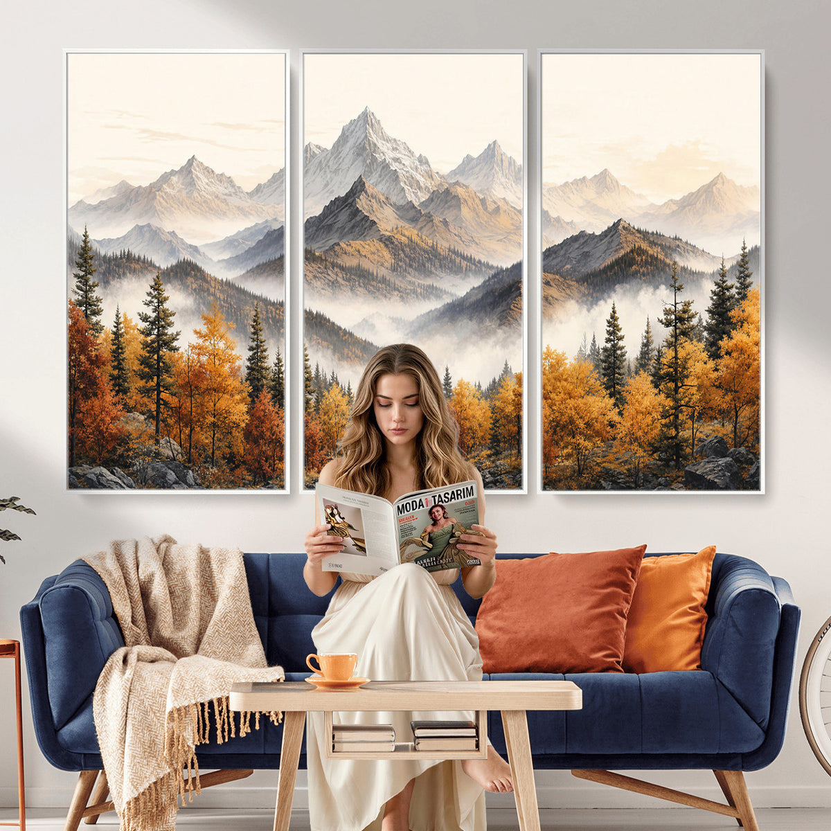 21309099-MGV-TP-30X20 - Extra Large Misty Mountain Autumn Forest Canvas Wall Art - Watercolor Fall Nature Landscape Print