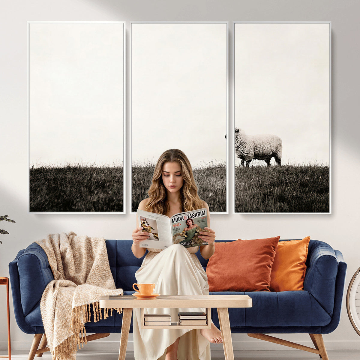 72749448-MGV-TP-30X20 - Minimalist Sepia Sheep Canvas Wall Art - Rustic Farmhouse Country Landscape Print