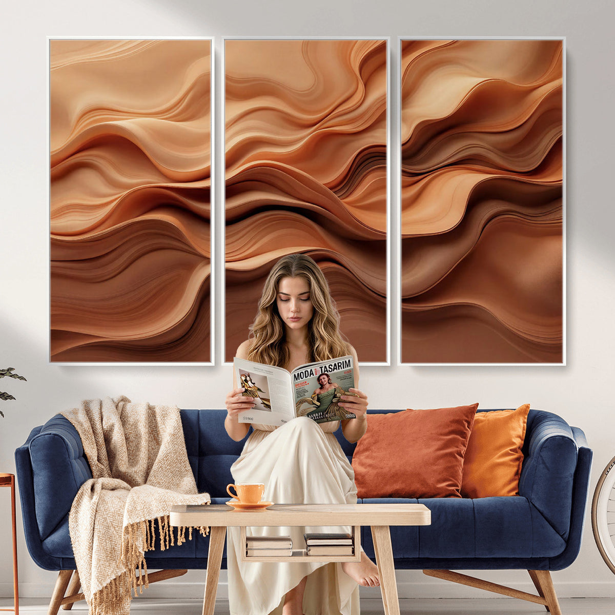 82230697-MGV-CV-36X24 - Modern Abstract Fluid Waves Canvas Wall Art - Minimalist Warm Terracotta Beige Sand Print