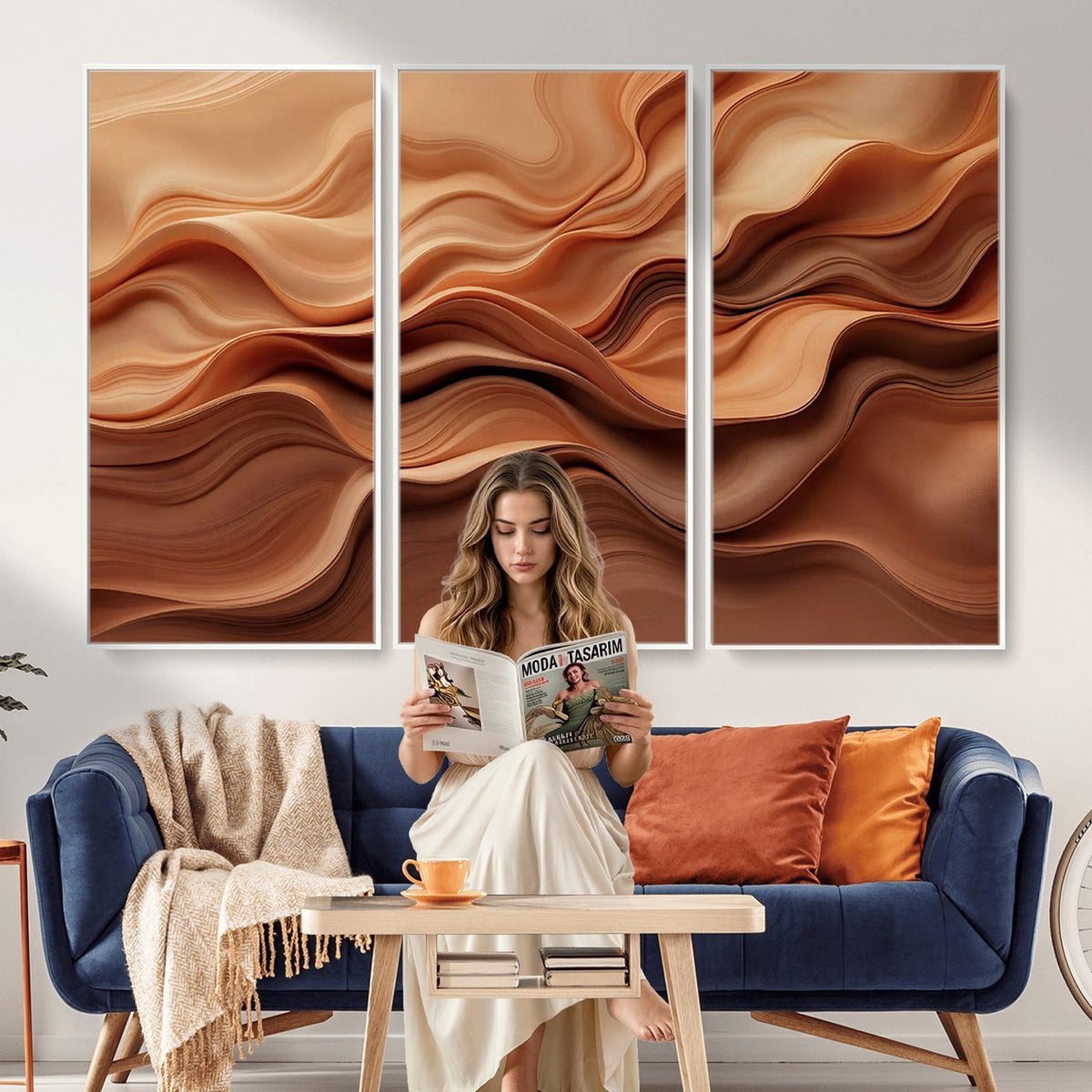 82230697-_Poster-30x20 - Modern Abstract Fluid Waves Canvas Wall Art - Minimalist Warm Terracotta Beige Sand Print