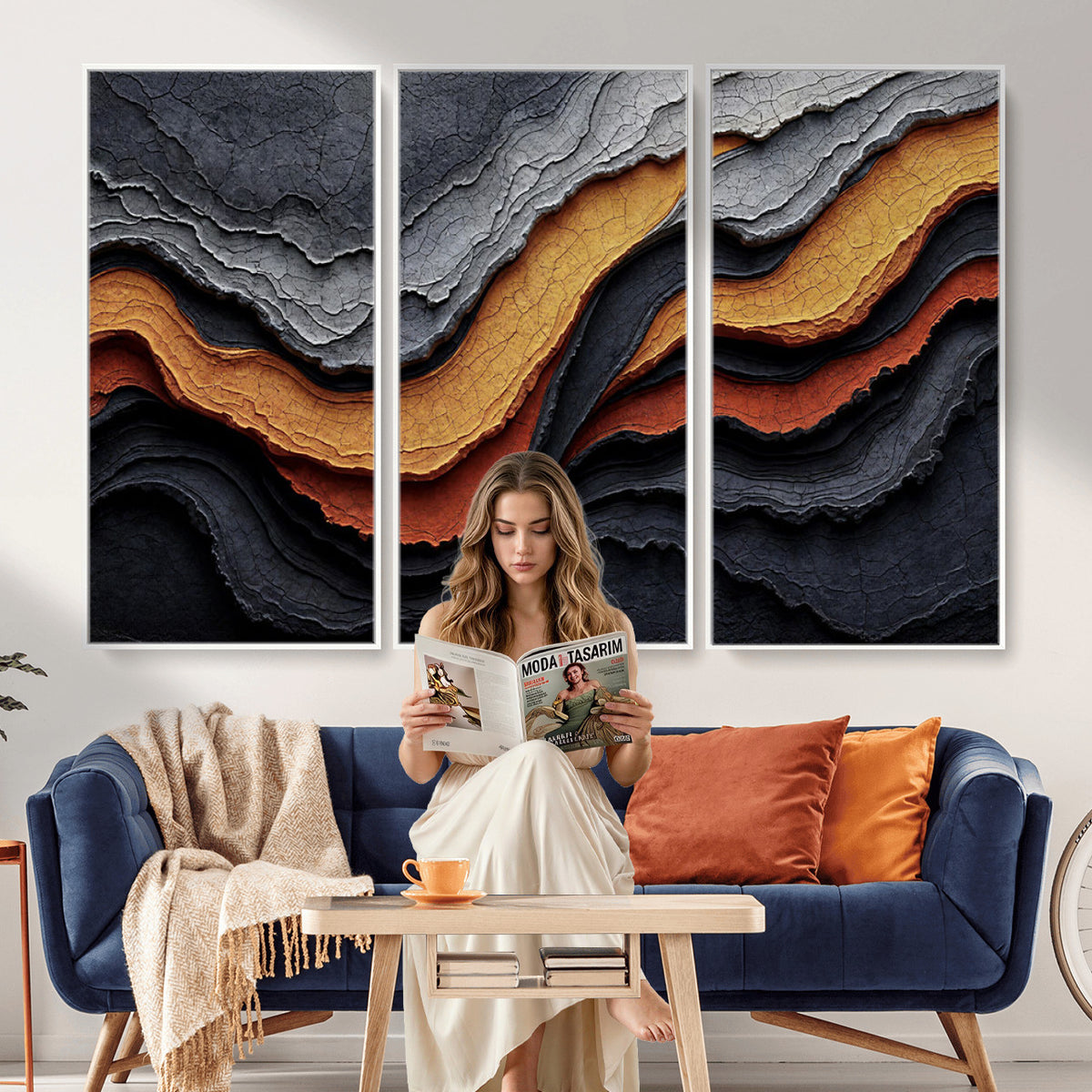 59852489-MGV-CV-36X24 - Abstract Waves Canvas Wall Art - Modern Terracotta and Charcoal Gray Print