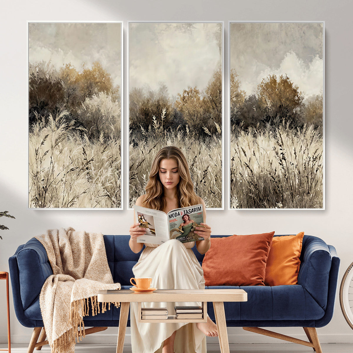53959945-MGV-TP-30X20 - Muted Neutral Forest Landscape Canvas Wall Art - Vintage Rustic Wildflower Meadow Print