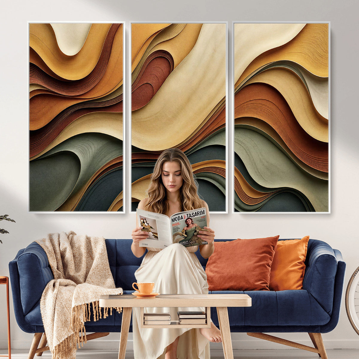 19337902-MGV-CV-36X24 - Modern Abstract Waves Canvas Wall Art - Minimalist Earthy Tone Living Room Decor