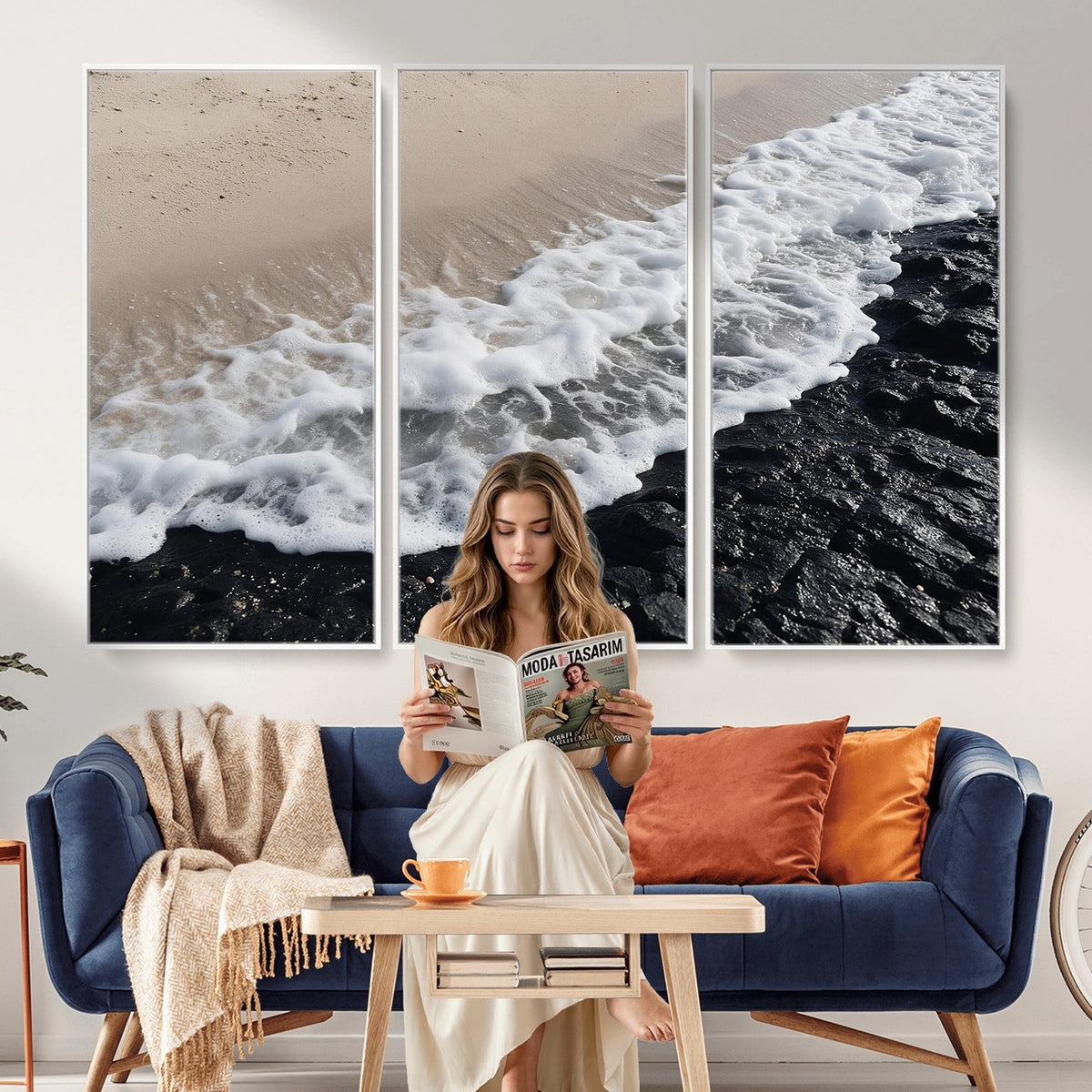 27448606-MGV-CV-24X16 - Ocean Wave Foam on Black Lava Rock Beach Canvas Wall Art Print